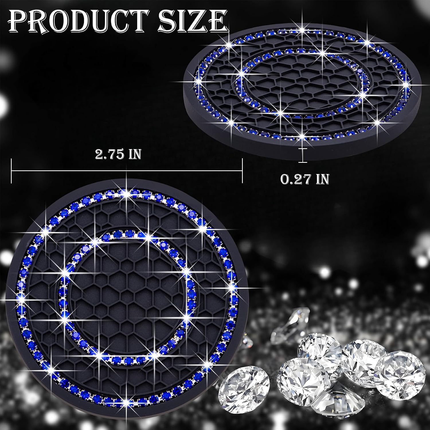 2PCS Bling Crystal Rhinestone Cup Holder Coaster, 2.75 inch Soft Silicone Anti-Slip Shockproof, Car Cup Holder Insert Coasters, Universal Car Interior Accessories for Women (Black & Blue)