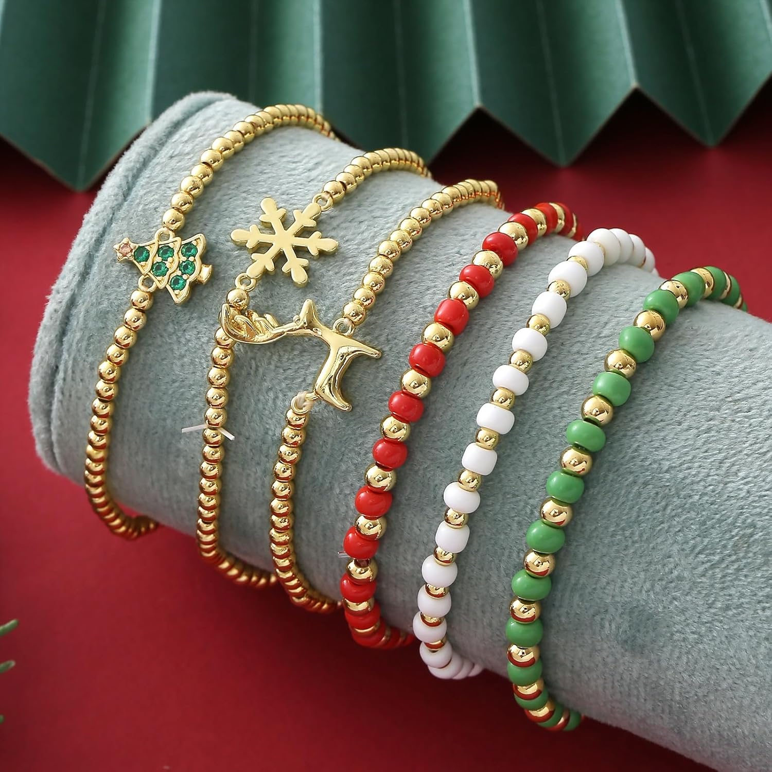 WCRAZYE Christmas Bracelet for Women Delicate Gold Bead Snowflake Reindeer Santa Claus Candy Cane Bracelets Christmas Accessories Jewelry Gift - Image 2