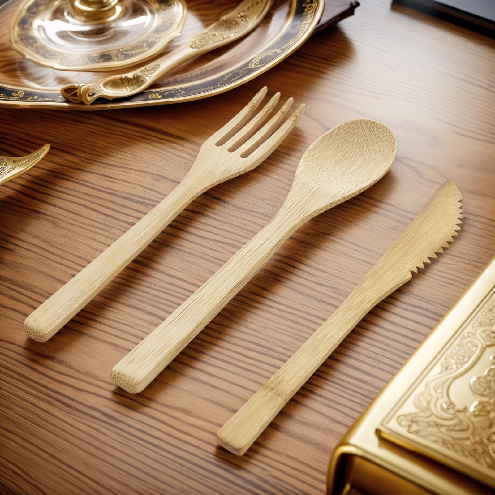 Set di 30 posate in bambù – Set di 10 cucchiai e 10 forchette, in legno riutilizzabile, durevole, smontabile
