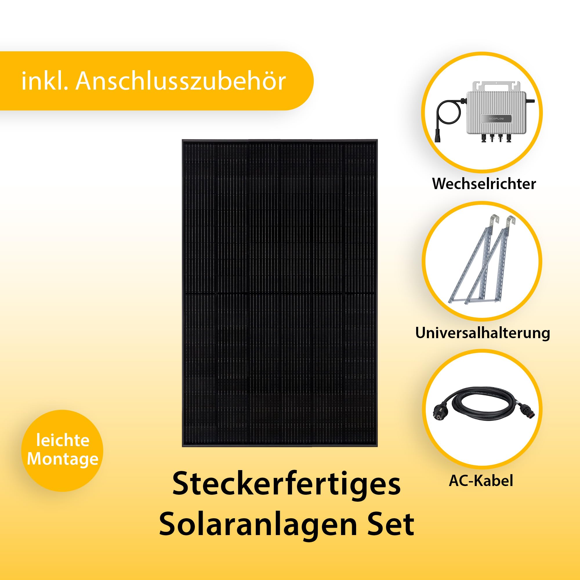 VALE Balkonkraftwerk Bifazial 900 Wp Full Black - EcoFlow Stream Wechselrichter 800 W - Set mit Universalhalterung - 5m AC-Kabel - inkl. App-Steuerung | EcoFlow Stream Wechselrichter 800 W, Set mit Universalhalterung, 5m AC-Kabel, inkl. App-Steuerung