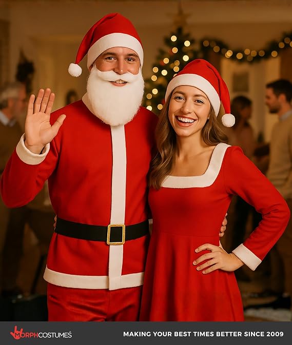 Morph Santa Claus Costume for Men Women Cost-effective Disposable Santas Claus Suit for Adults 5pc Set Christmas Bar Pub Crawl Suit Outfit Hat Belt Beard Jacket Pants Hat