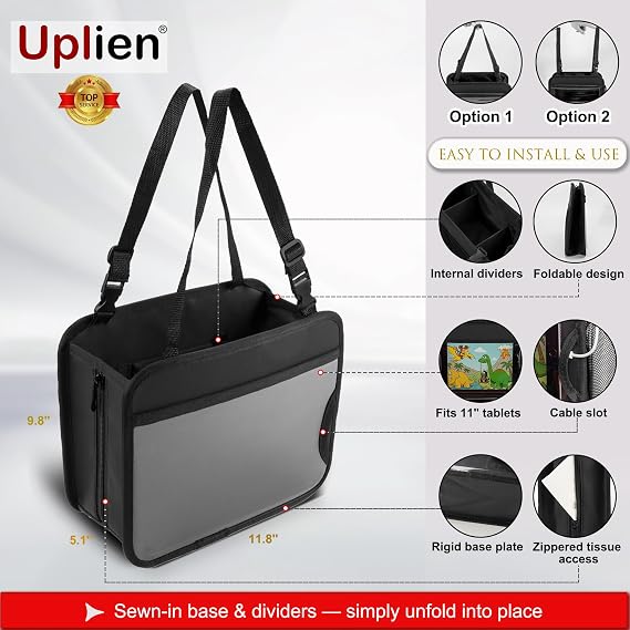 Car Organizer Bag for Back Seat, Front Seat or Between Seats – Premium PU Leather Hanging Storage Caddy with Tablet Holder, Tissue Box, Cup & Bottle Holders, Mesh Pockets for Kids & Road Trips