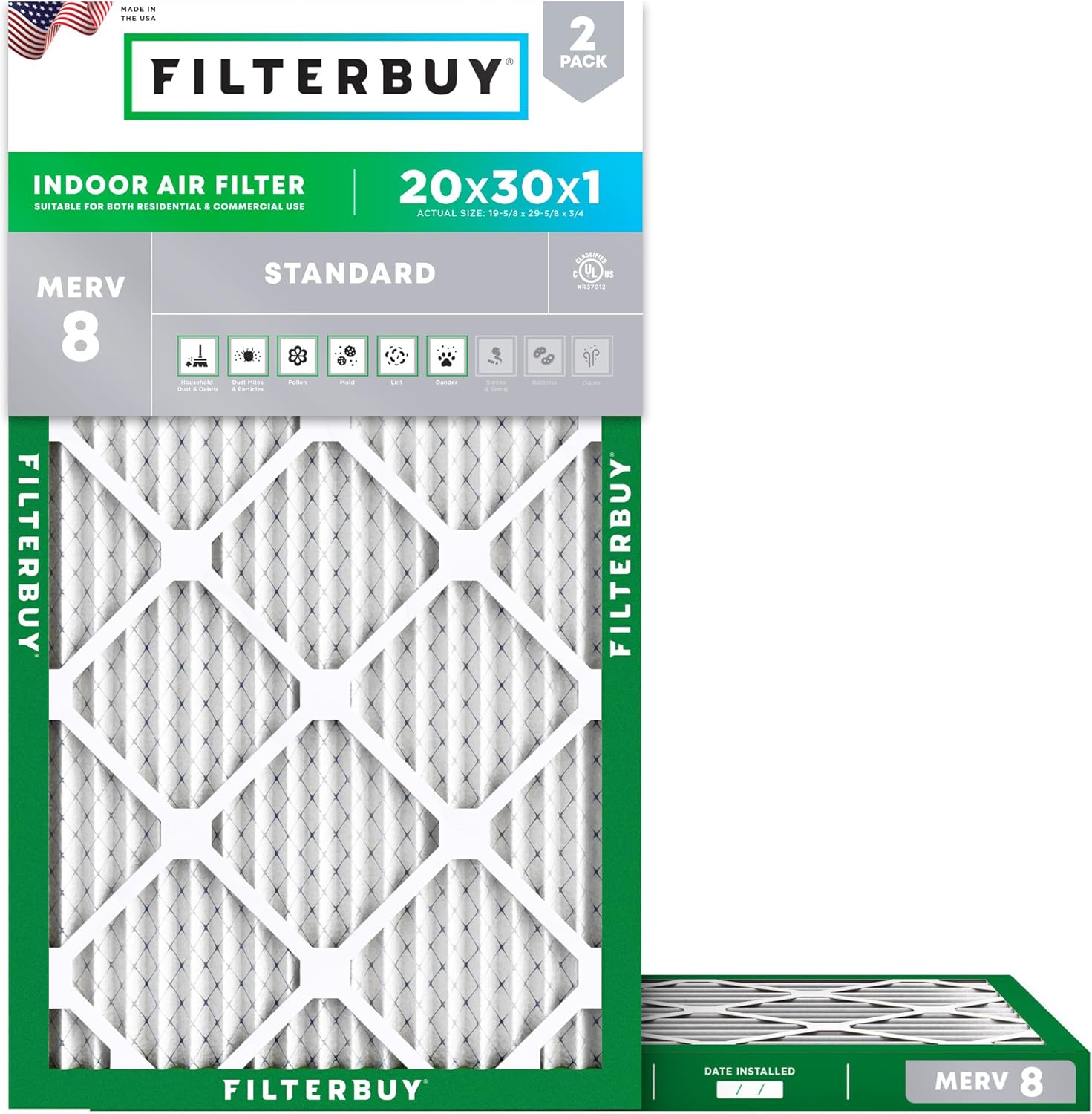 Filterbuy 20x30x1 MERV 8 Air Filters (2-Pack) - Electrostatic Pleated Furnace Filters for Dust, Allergies & HVAC, Made in USA