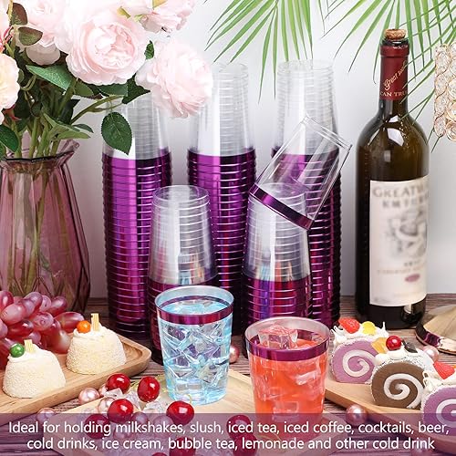 Miniatura 6 de Gerrii 100 vasos de plástico transparente de 10 onzas, vasos de plástico con bordes, vasos desechables elegantes para fiestas, para bodas, día de