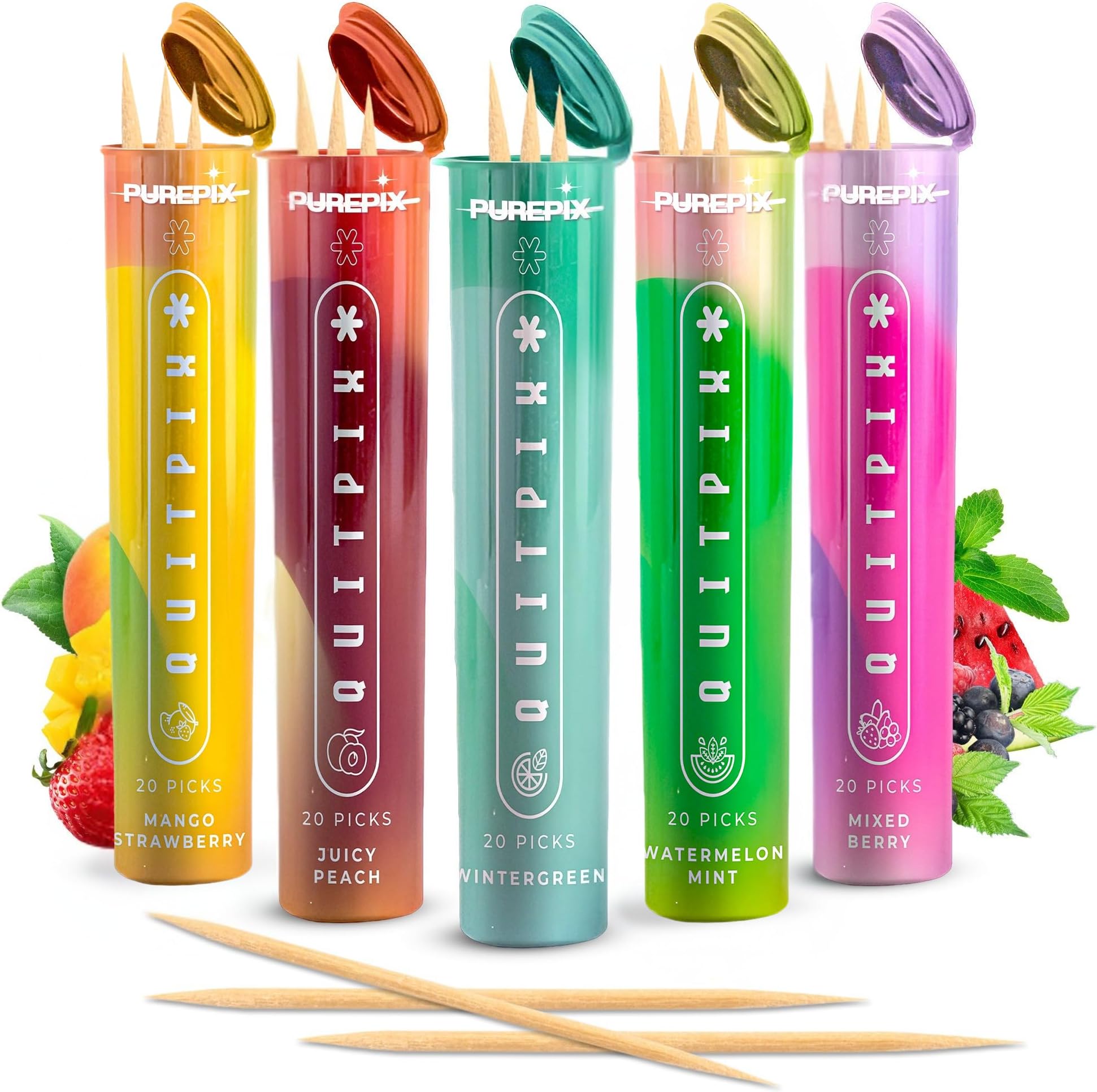 QuitPix Quit Smoking Toothpicks, Extra Thick Birchwood Flavored Sticks with NAC + L-Theanine, 5 Flavors with 20 Sticks Each, Kosher Vegan, Nicotine Free Oral Fixation Alternative, Long Lasting Taste