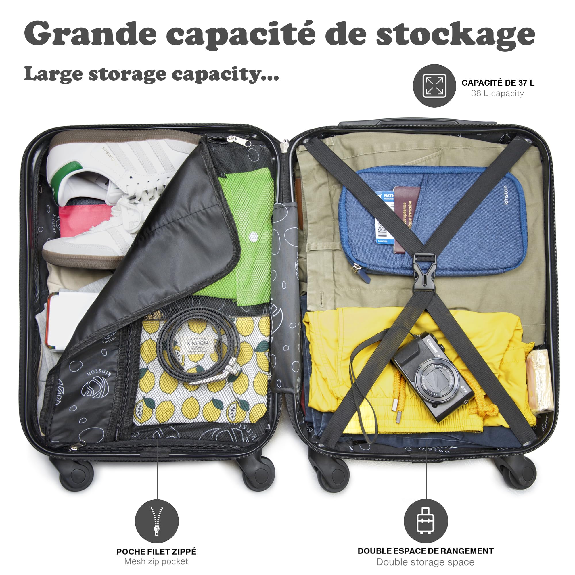 KINSTON Valigia Cabina per EasyJet 4 Ruote Rimovibili Dimensione LowCost - Bagaglio a Mano Leggero e Resistente, Ruote Girevoli Smontabili - Champagne