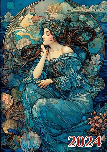 Calendario de pared 2024 12 páginas de 8 x 12 pulgadas Hermosas mujeres con vestidos azules rodeados de flores increíbles, póster de ilustración de