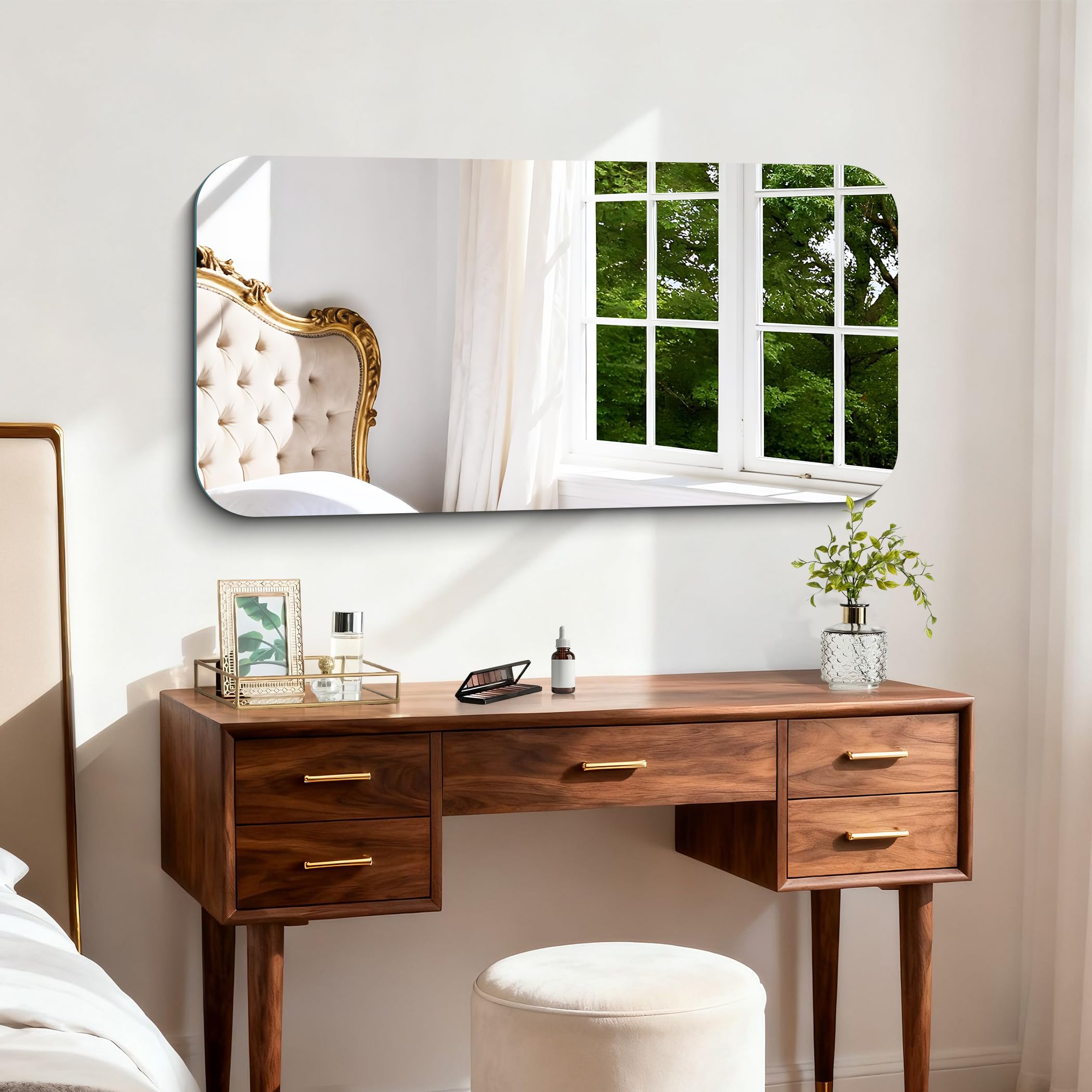 Miroir mural rectangulaire 50 x 100 cm sans cadre avec coins arrondis, miroir rectangulaire pour salle de bain, chambre à coucher, salon, à suspendre horizontalement ou verticalement