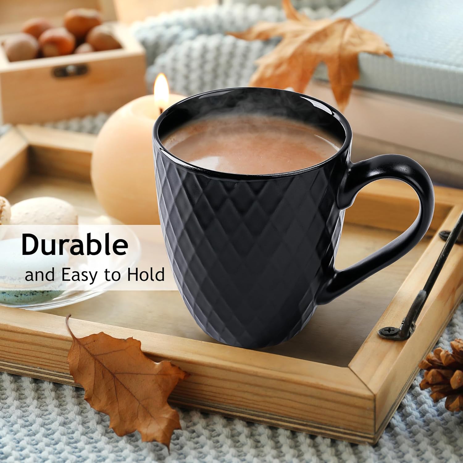 MIAMIO - Coffee Mugs set of 6 / Coffee Cups - 6 x 14 Oz Ceramic Mugs - Large Coffee Mugs - Microwave & Dishwasher safe - Palmanova Collection (Black) - Image 4