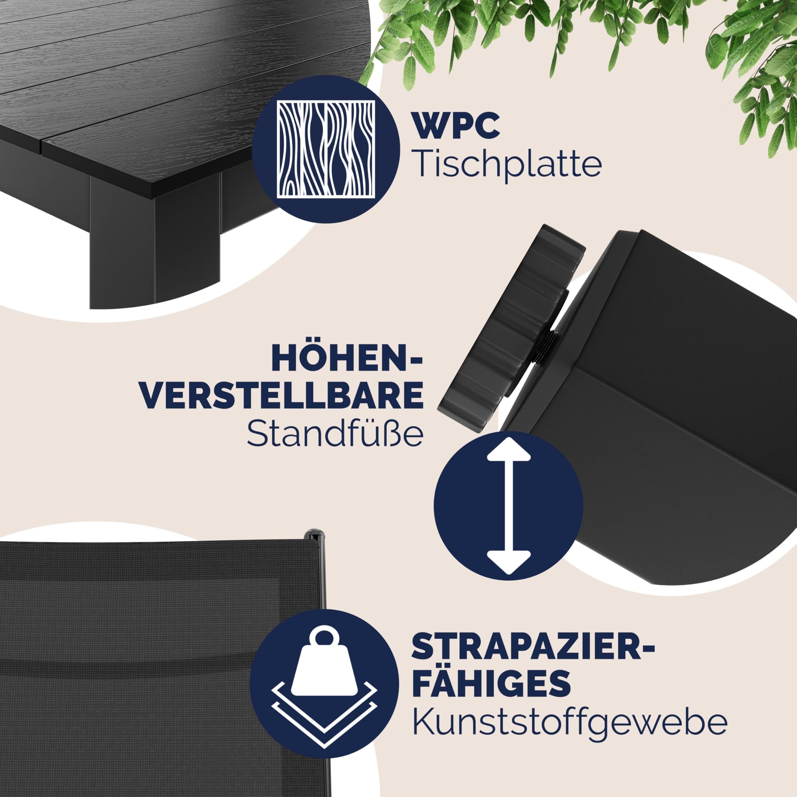 Casaria® Gartenmöbel Set 4 Stühle mit WPC Tisch 80x80cm Aluminium Sicherheitsglas Wetterfest Klappbar Modern Terrasse Balkon Möbel Sitzgruppe Garnitur Bern