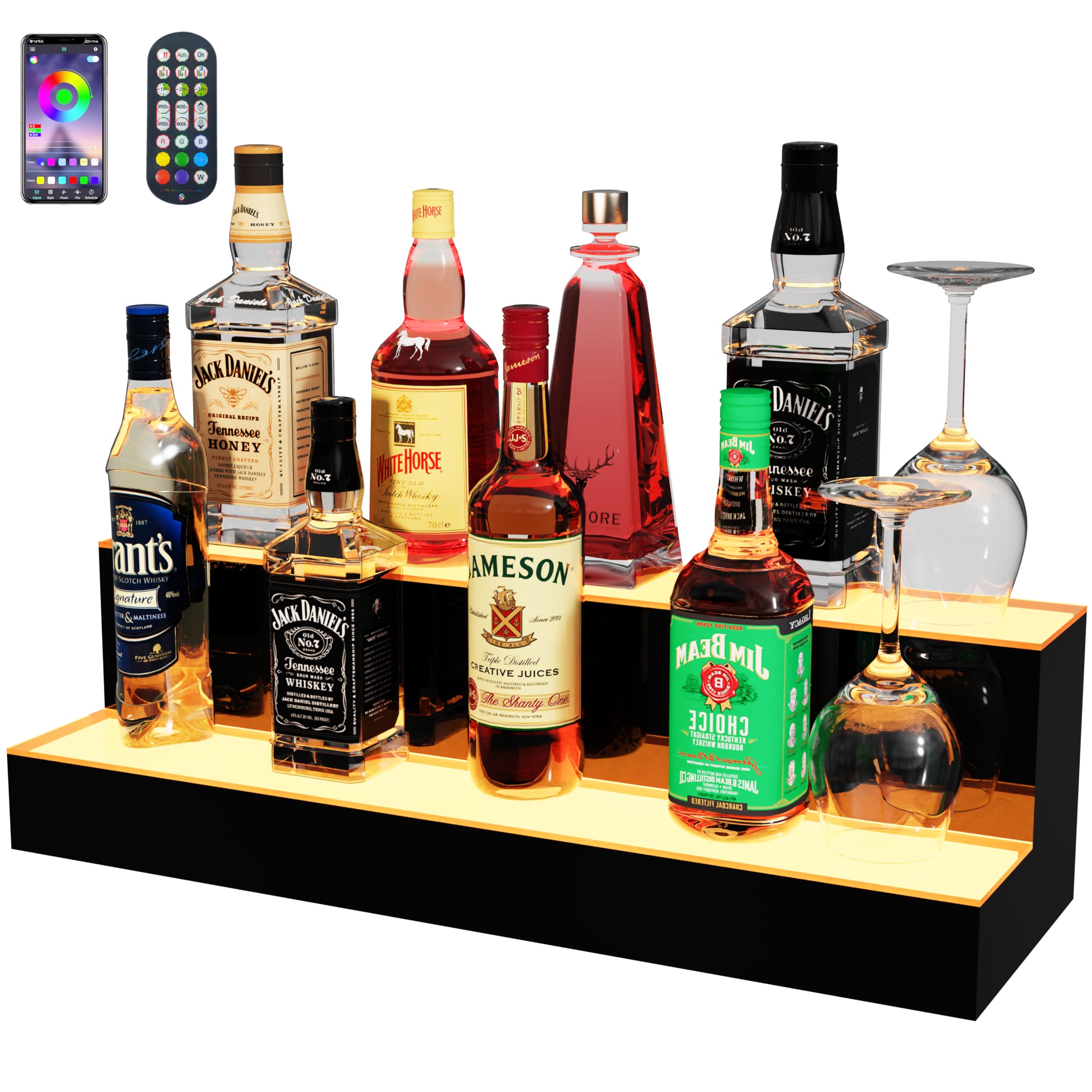 MESAlLUP 24 Inch 2 Tier Lighted Liquor Bottle Display Shelf, LED Bar Shelves with APP or Remote Control, Mulit Color Lighting for Home Mini Bars Decor