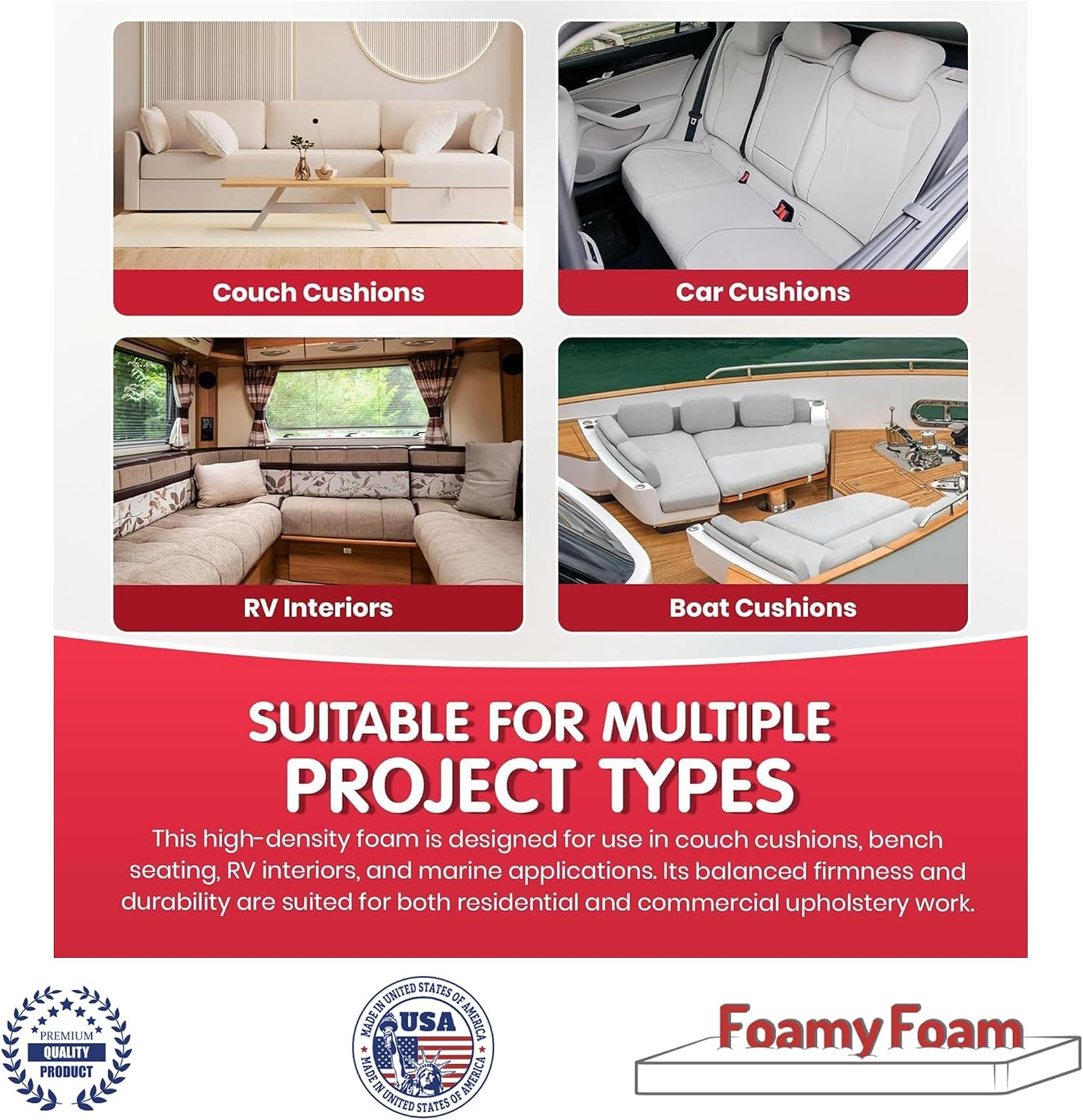 FOAMYFOAM 2" Thick, 24" Wide, 72" Long Charcoal Color High Density Upholstery Foam for Couch Cushions, Seat Cushions, Bedding and Many More DIY Projects.