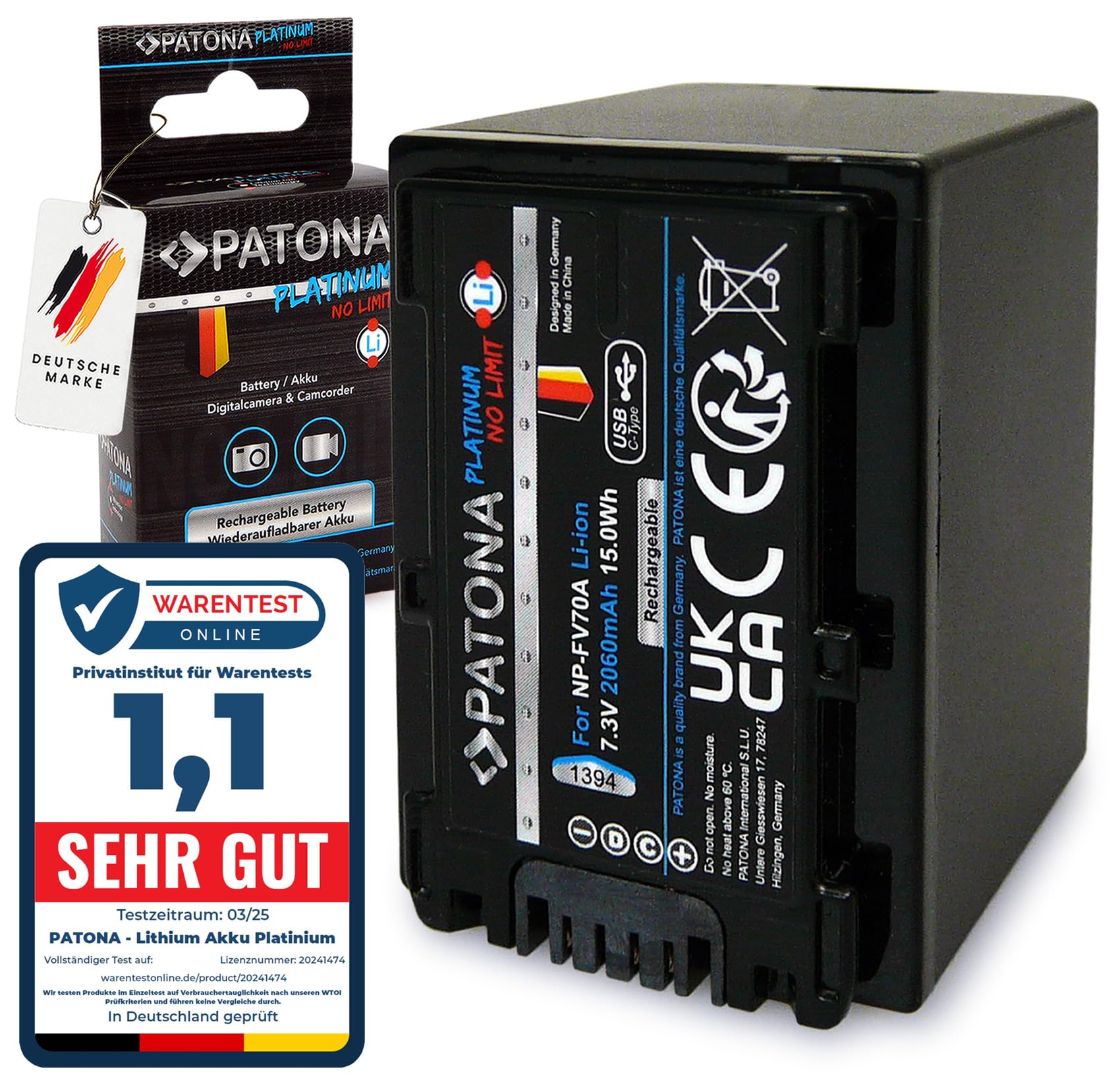 PATONA Platinum NP-FV70A Akku 2060mAh mit USB-C – Ersatz für Sony NP-FV30 FV40 FV50A FV70 FV90 FV100, NP-FH30–FH50 – für Handycam DCR/HDR-Camcorder – lädt ohne Ladegerät direkt am Kabel