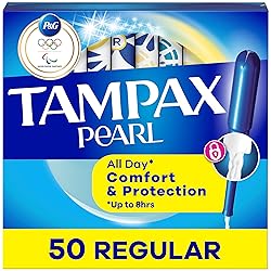 Tampax Pearl Tampons for Women, with LeakGuard Braid, Regular Absorbency, Unscented, 50 Count