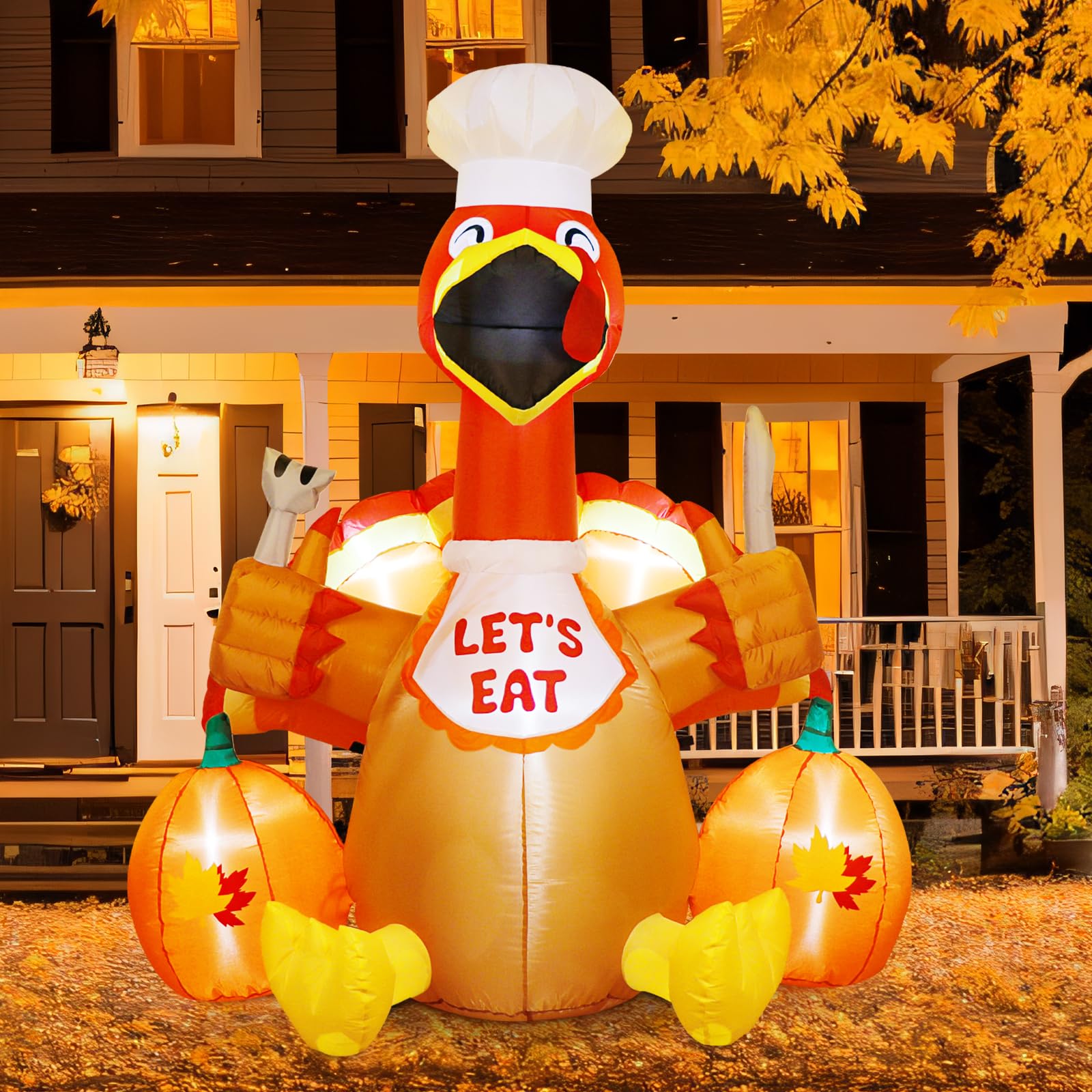 AerWo 6FT Thanksgiving Inflatables Turkey Decorations with Colorful Tail and Pumpkins Build in LEDs Blow up Turkey Inflatable Outdoor Indoor Lawn Yard Thanksgiving Decor - Autumn Holiday Harvest