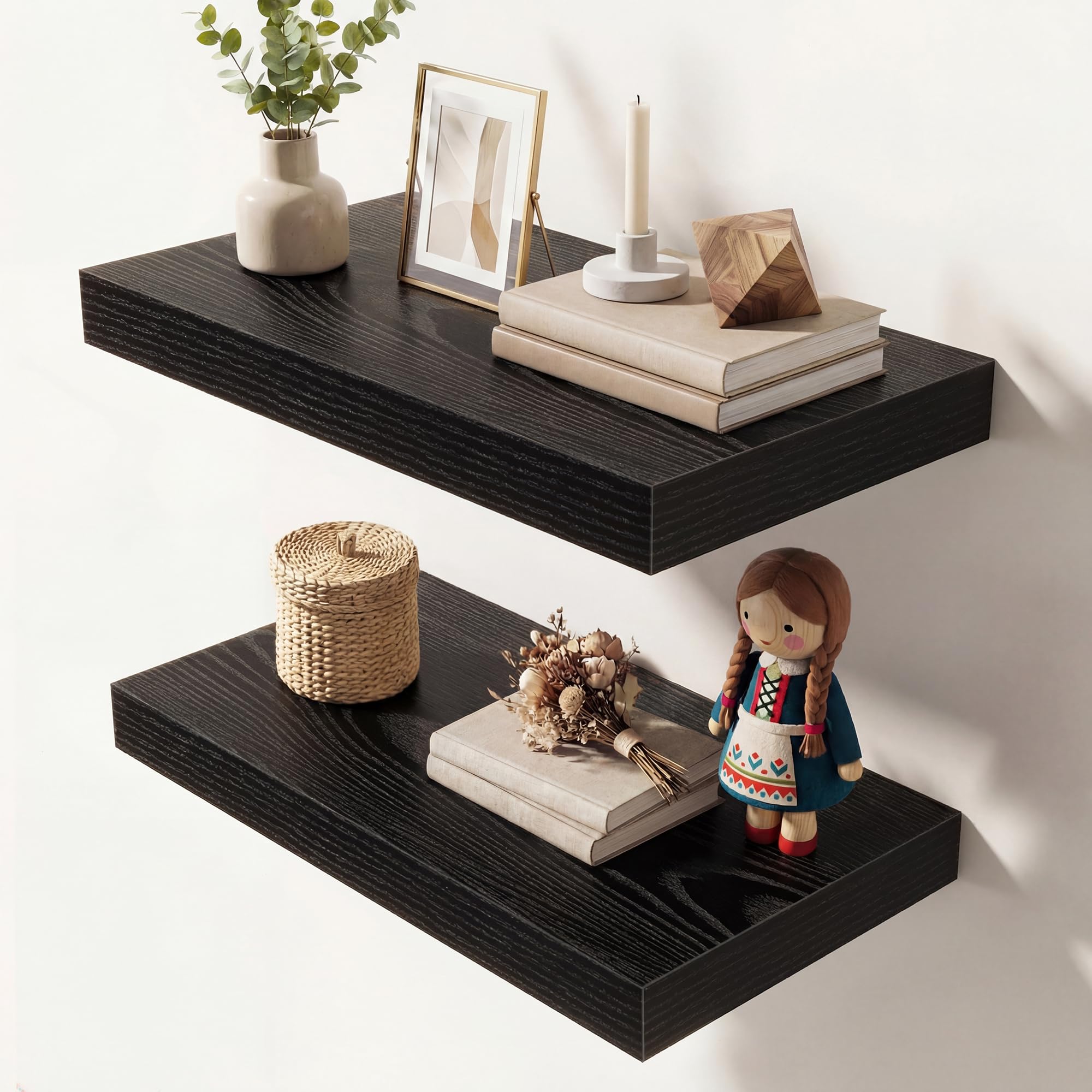 Dreamland 16 Inches Floating Shelves for Wall, 9.3" Deep Long Floating Shelves Set of 2, Large Display &amp; Storage Shelf, Wall Shelf for Bathroom Bedroom Living Room Kitchen Office, Black