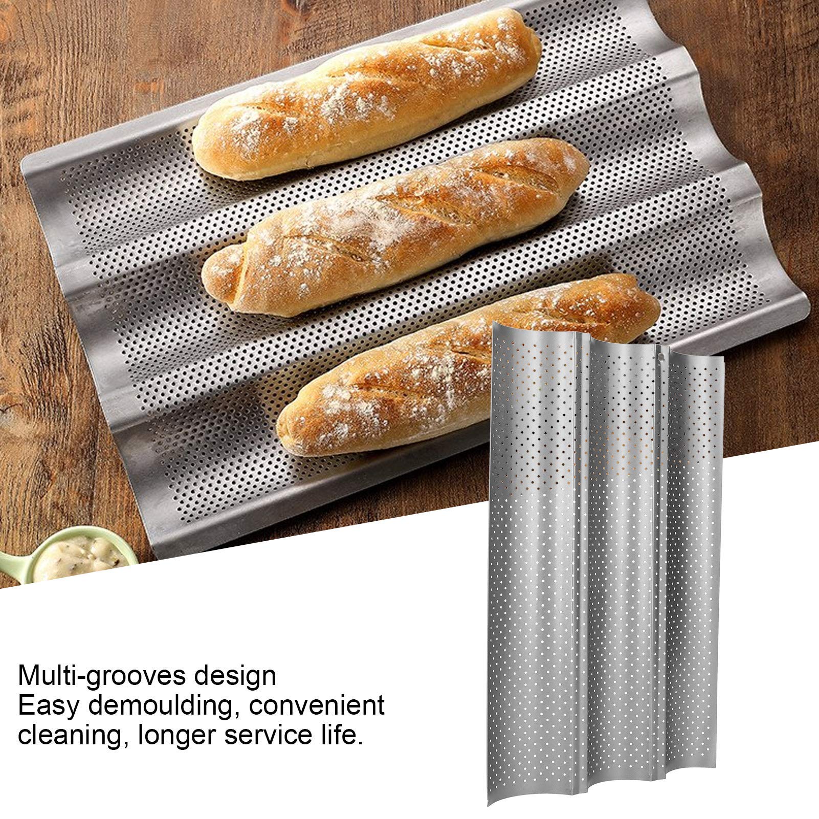Perforated Baguette Pans, Stainless Steel Baking Tray for French Baguettes Bread Italian Bread Kitchen Accessories(3-Row)