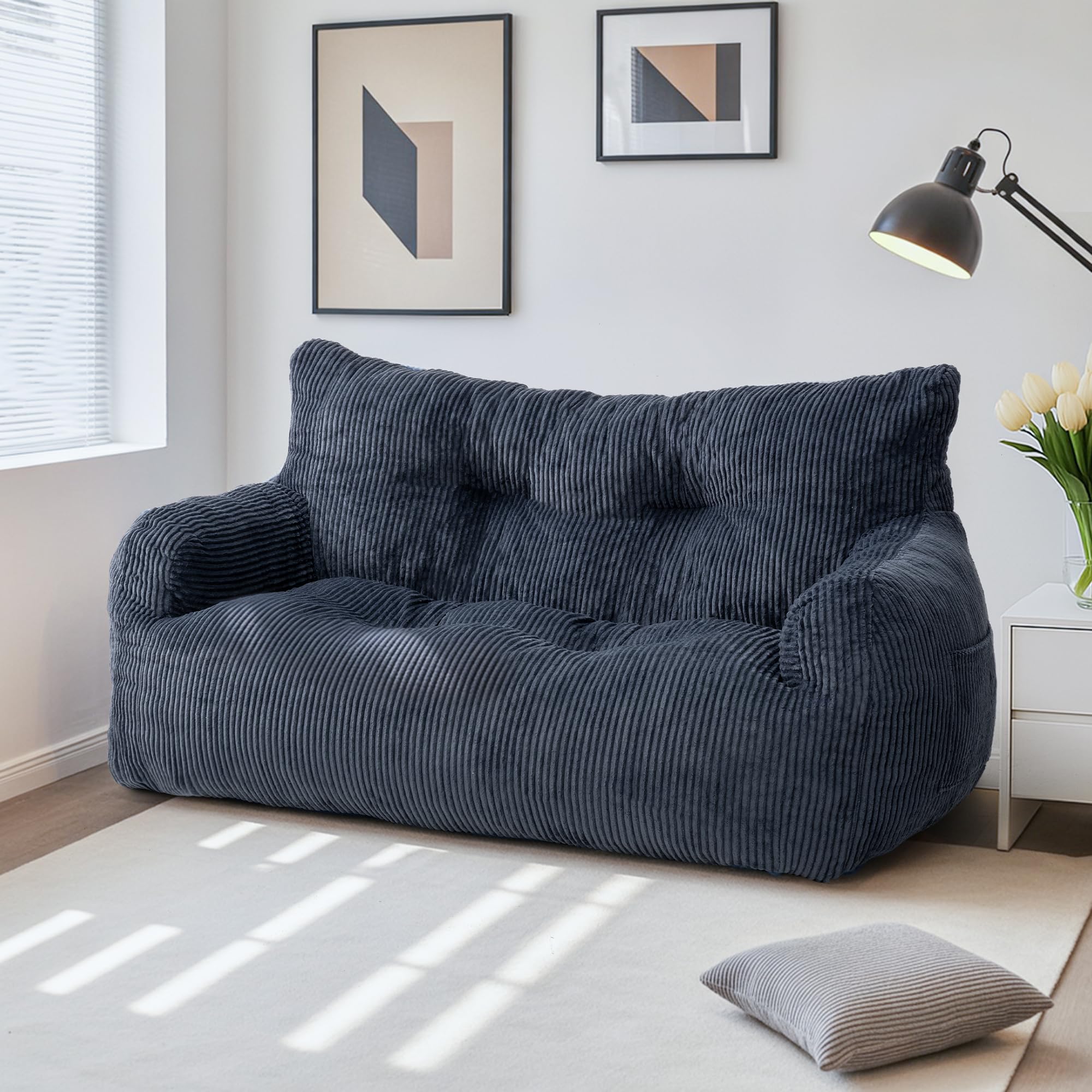 Pamapic Pouf pour Adulte avec Rembourrage, Double Fauteuil de Salon avec poignée Portable, Ergonomique, Moderne, pour Salon, Chambre à Coucher, Salle de Jeux, Bleu