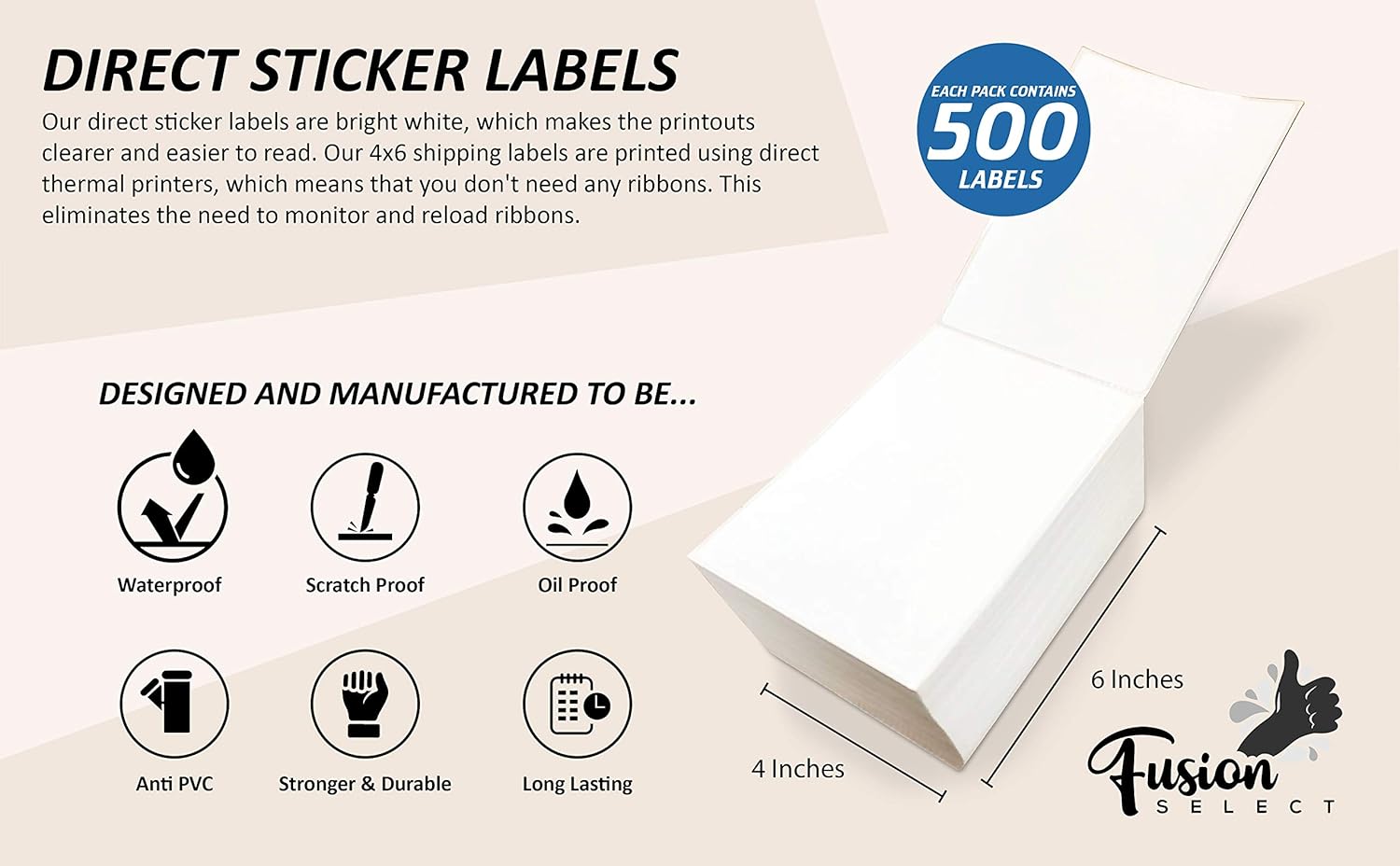Fusion Select Fanfold Direct 4 x 6 Thermal Labels - Water, Oil & Scratch Proof, & Anti-PVC Test - No Ribbons Required, Strong Adhesive - Bright White Printing Sheets for Shipping ((1 Stack/500 Labels) : Industrial & Scientific