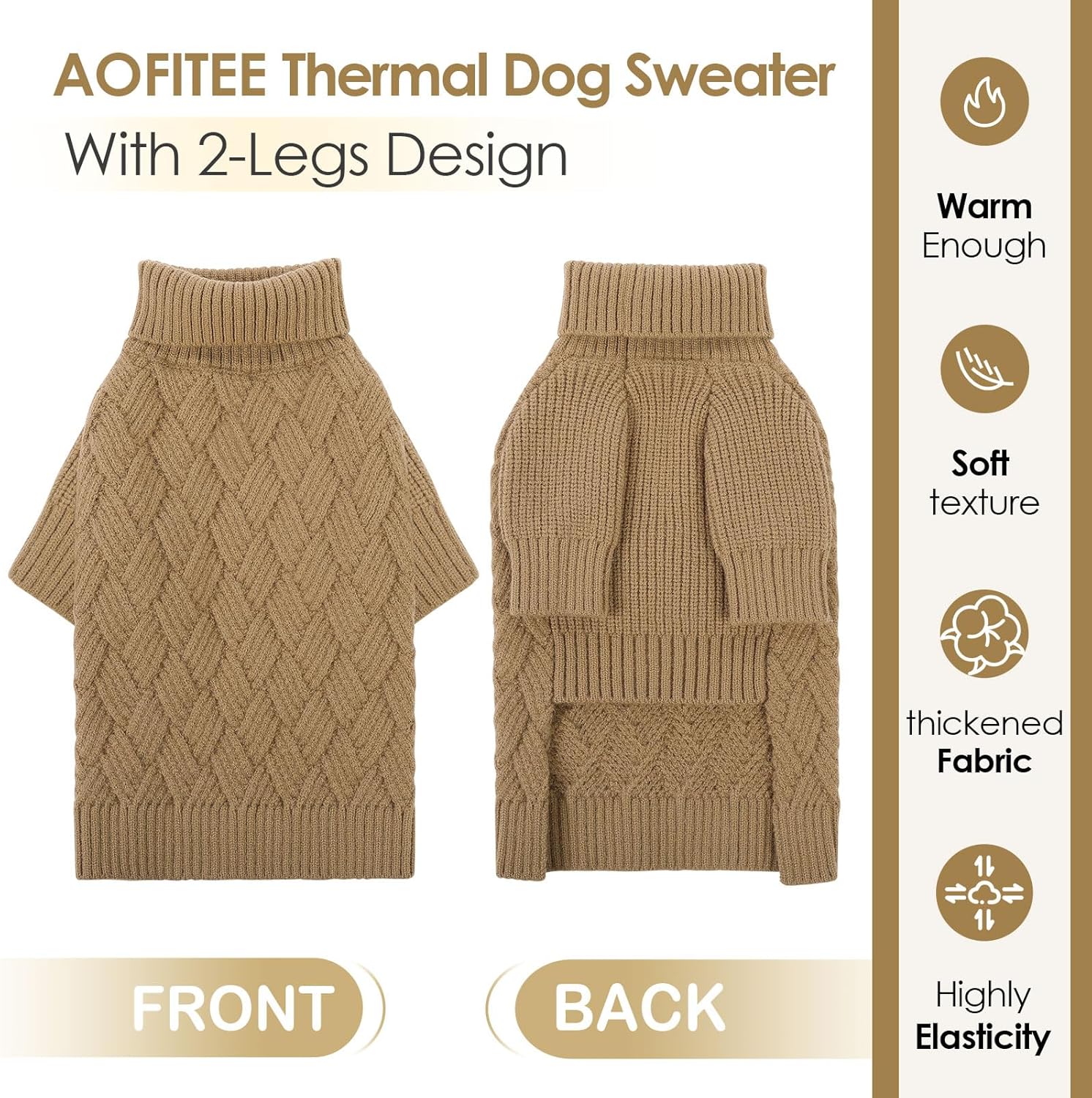 AOFITEE Small Dog Sweater, Dog Sweaters for Small Dogs Male, Thick Dogs Winter Sweatshirt Girl Boy, Pet Halloween Sweater, Classic Cable Turtleneck Holiday Knitwear for Pug Dachshund (Brown, S)
