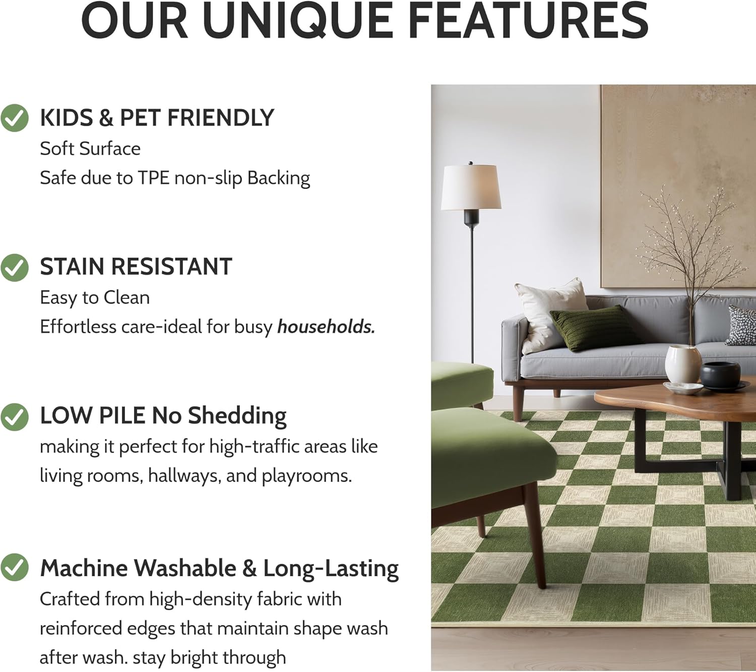 Washable Green Checkered Rug 5x7, Non-Slip Low Pile Area Rug for Living Room, Bedroom, Nursery, Modern Neutral Farmhouse Checkerboard Carpet, Pet & Kid Friendly - Image 7