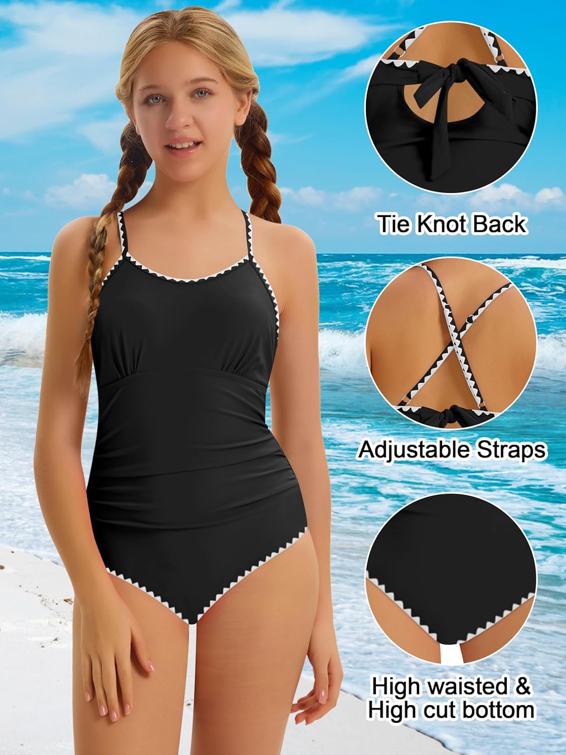 Girls Swimsuit One Piece Swimsuits Solid Color Bathing Suit Colorful Contrast Trim Wrap Tie Back Swimwear 9-16Y - Image 5