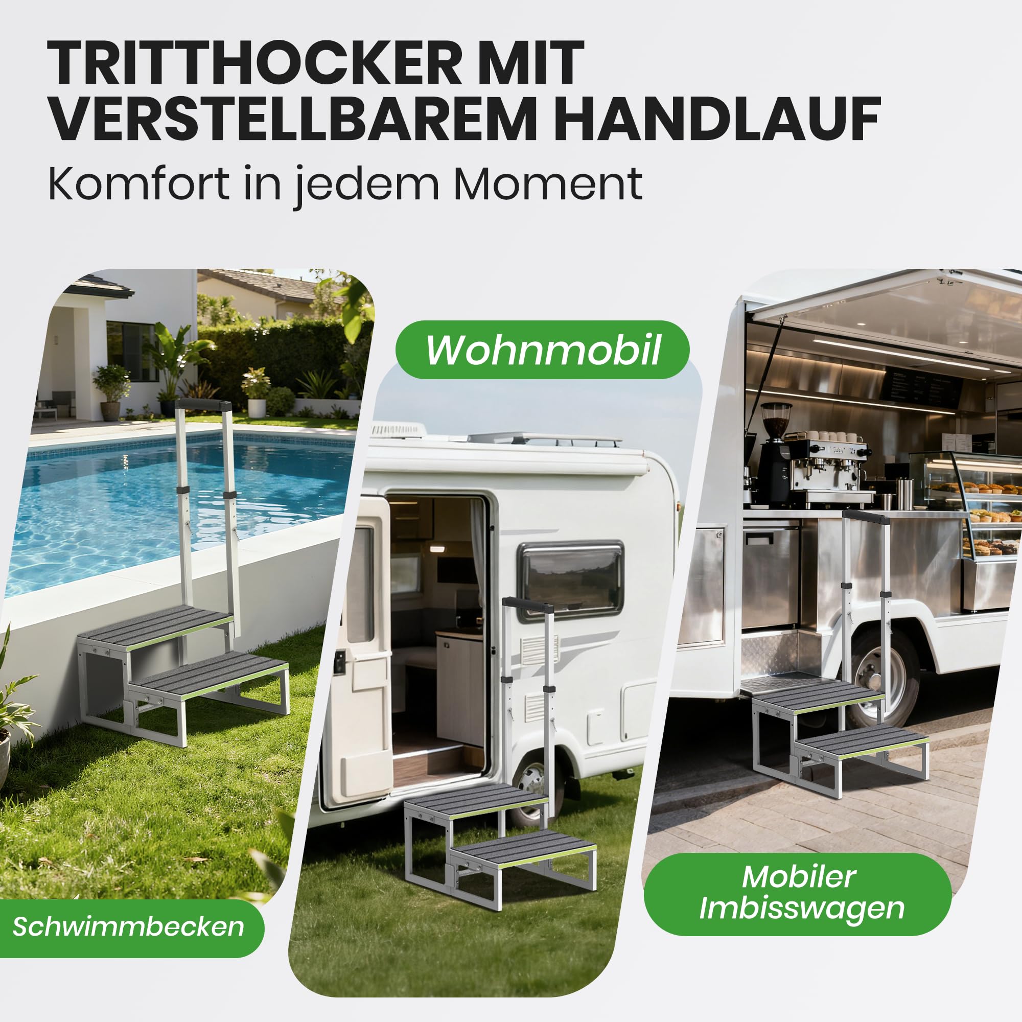 Trittleiter 2 Stufen aus Aluminium, verstellbarer Handlauf beidseitig, extra rutschfeste Trittflächen, 250 kg Tragfähigkeit – ideal für Wohnmobile, Küche & Haushalt