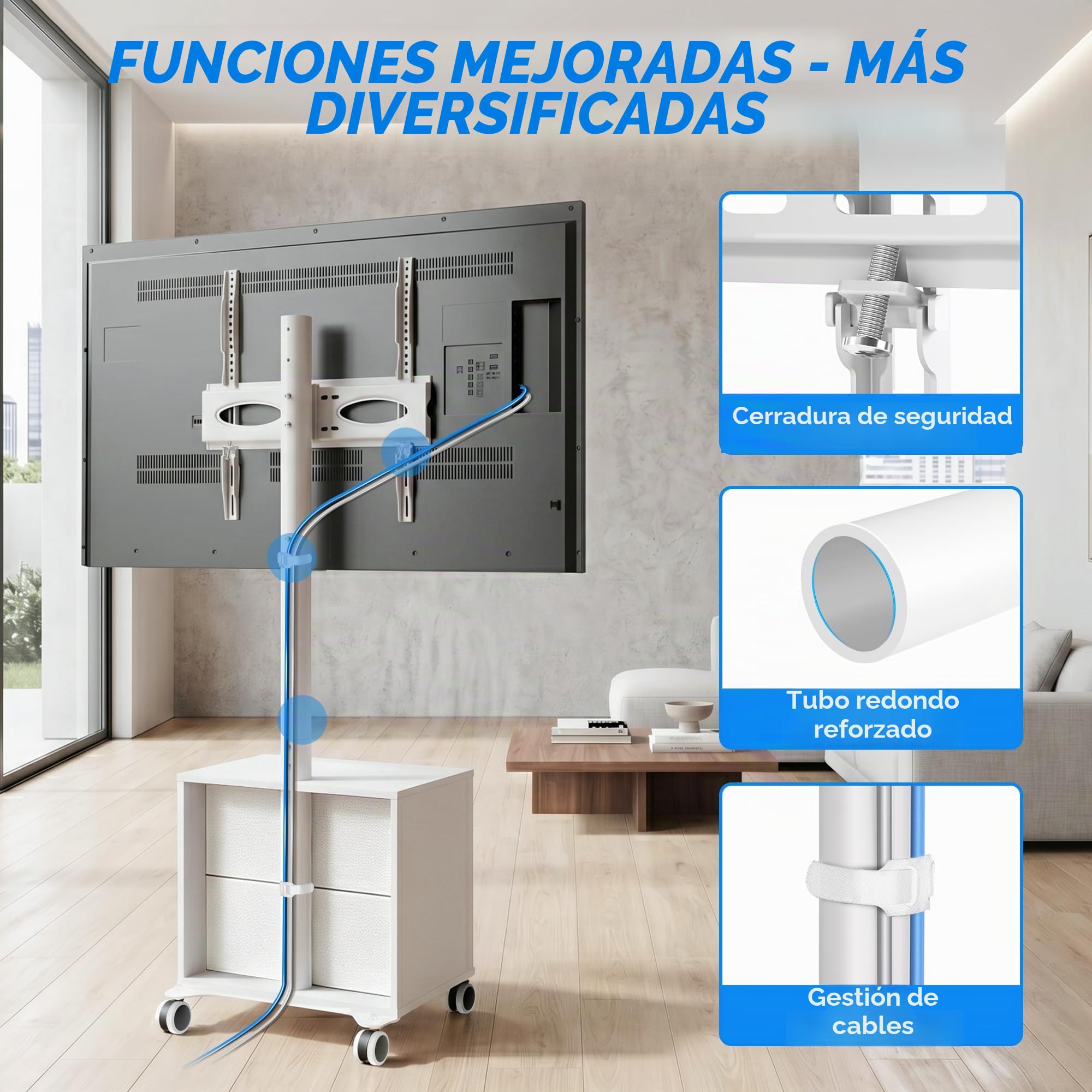 5Rcom Soporte de TV Blanco con Ruedas para televisores LED LCD OLED de Plasma curvados Planos de 32 a 60 Pulgadas, Altura Ajustable con Soporte de hasta 40 kg