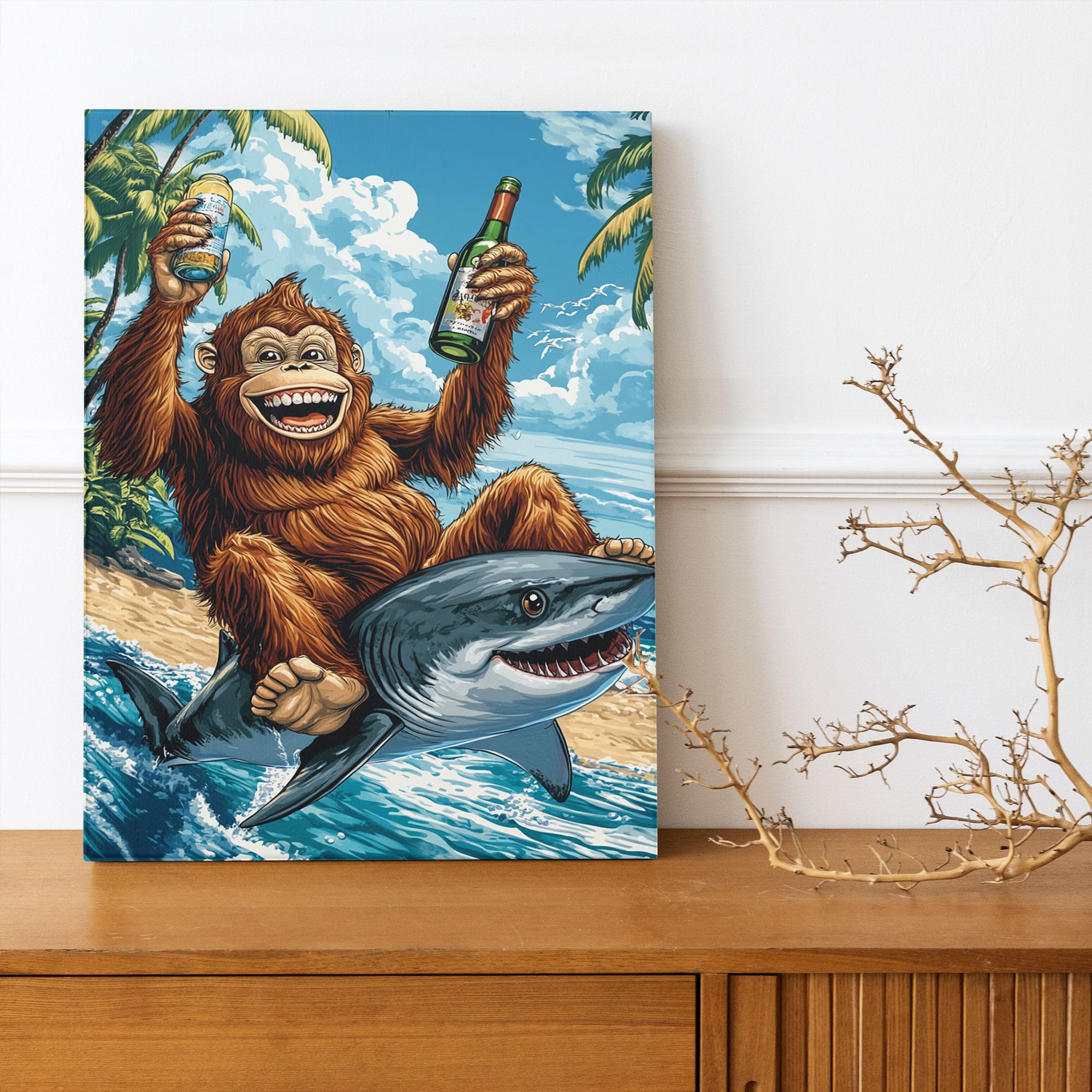 MONKEY MARK コズミック・パラシュート グラフィックアート A1サイズ Fun Jungle Canvas Wall Art, Brown Monkey Riding Shark Poster
