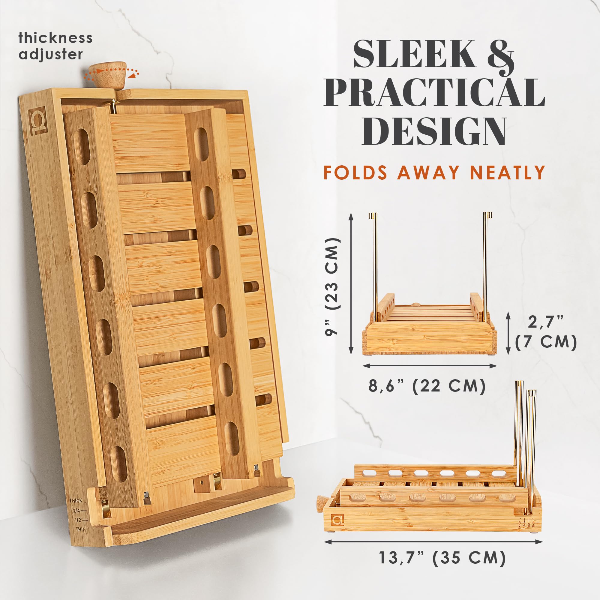 DITTO 2.0 Bambus-Brotschneider für hausgemachtes Brot, 16,5 cm breit, verstellbarer Brotschneider, schneidet gleichmäßige Scheiben, 4 Dickenoptionen, funktioniert mit Brötchen, Bagels – inkl.