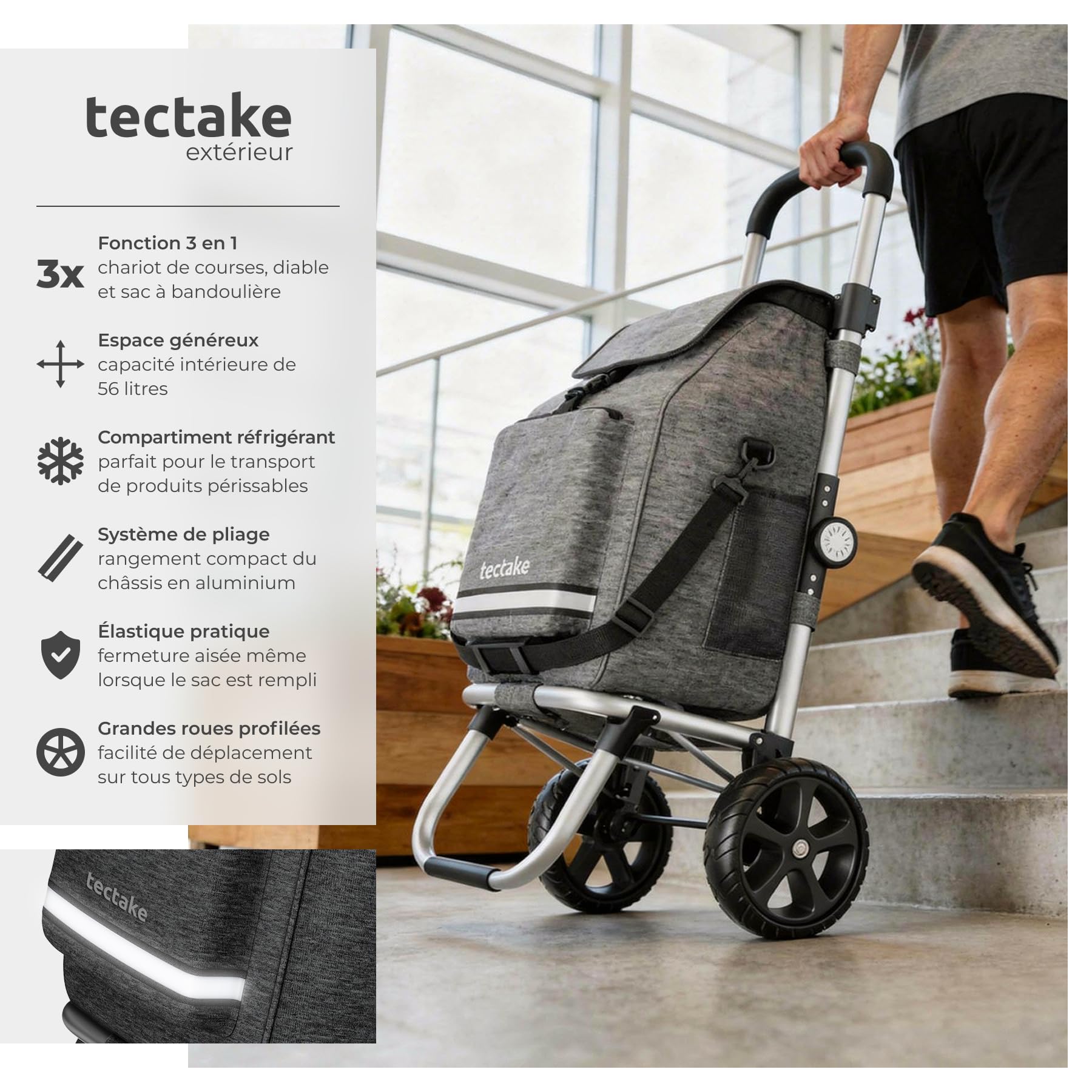 tectake® Caddie de Courses 56L, 3en1, Chariot de Courses, Sac à Bandoulière, Diable, 2 Roues étoiles Tout-Terrain, Compartiment Isotherme, Chariot à roulettes Pliable, Caddie, Cabas Roulette Marché
