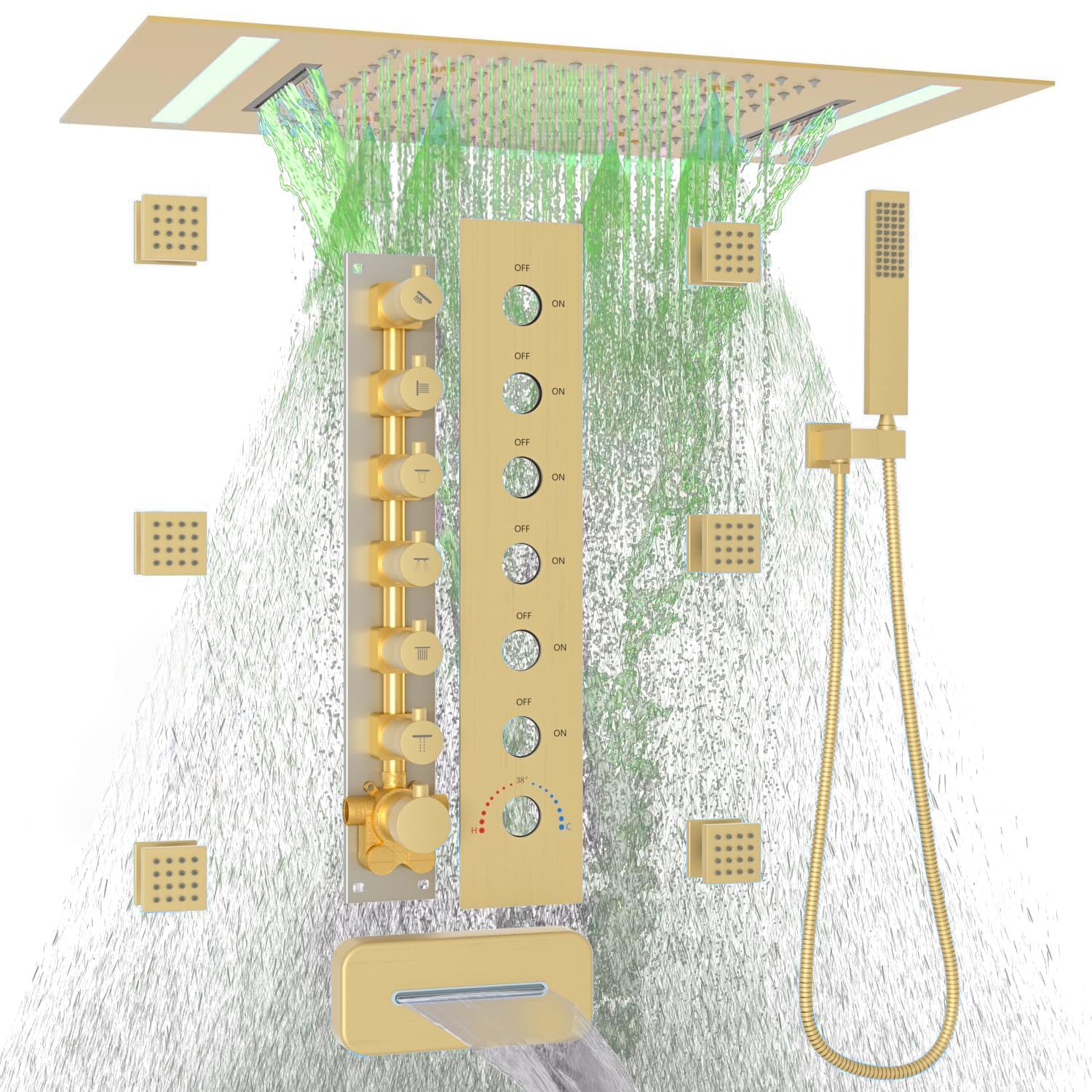 Sistema doccia a incasso a parete con 6 getti e spruzzo, miscelatore termostatico in ottone con LED grande 3 in 1 modalità 35,6 x 50,8 cm soffione doccia a pioggia e beccuccio su/giù, oro spazzolato