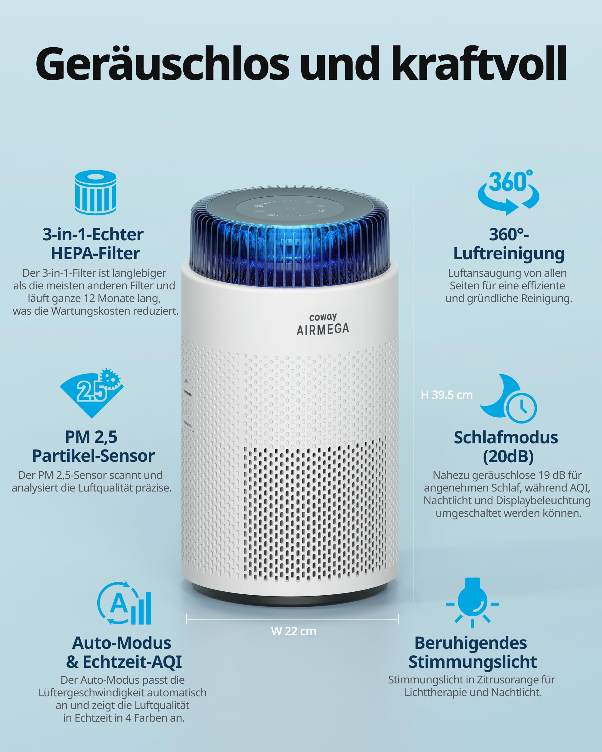 COWAY Luftreiniger Allergiker – Superleise, mit Schlafmodus & Stimmungslicht, entfernt 99,999 % Partikel bis 0,01 µm, mit ECARF-Siegel, gegen Pollen, Staub & Tierhaare, CADR 244 m³/h, AIRMEGA 100