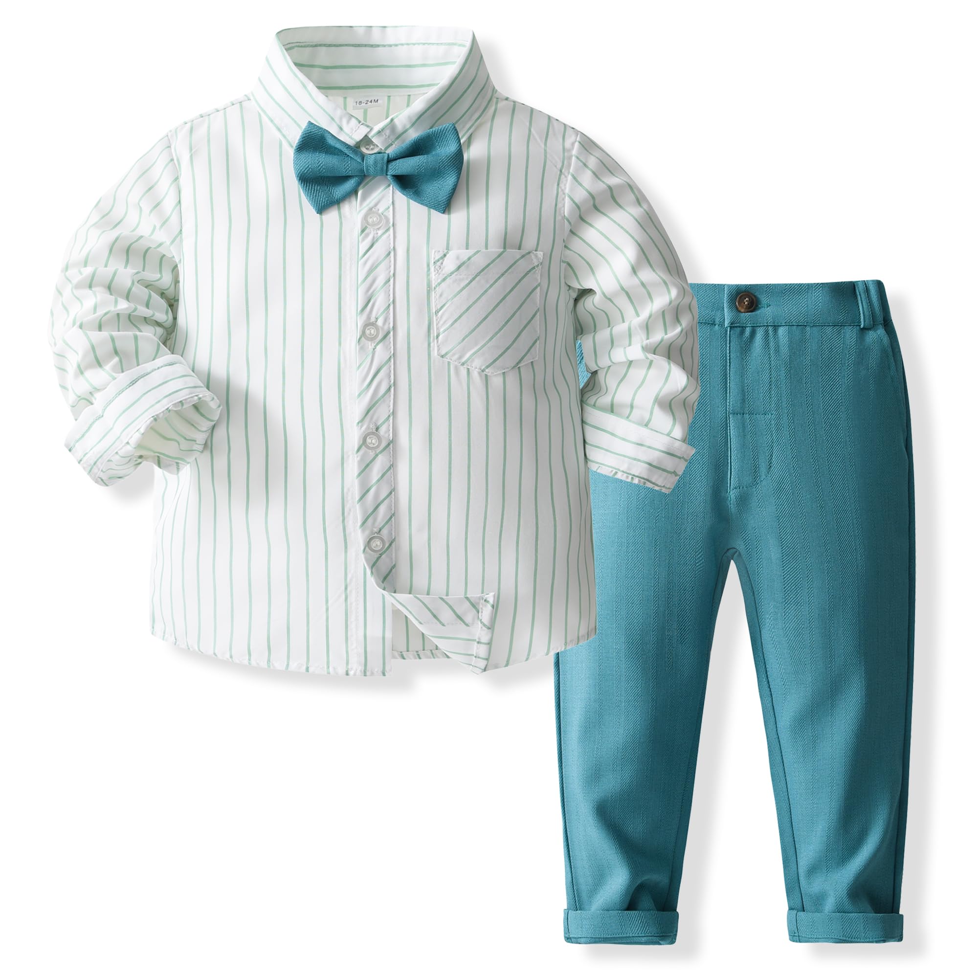 Kimocat 2Pcs Baby Boys Clothes Long Sleeve Plaid Shirt+Pants Overalls Clothing Set (Dark cyan pants, 3-4T)