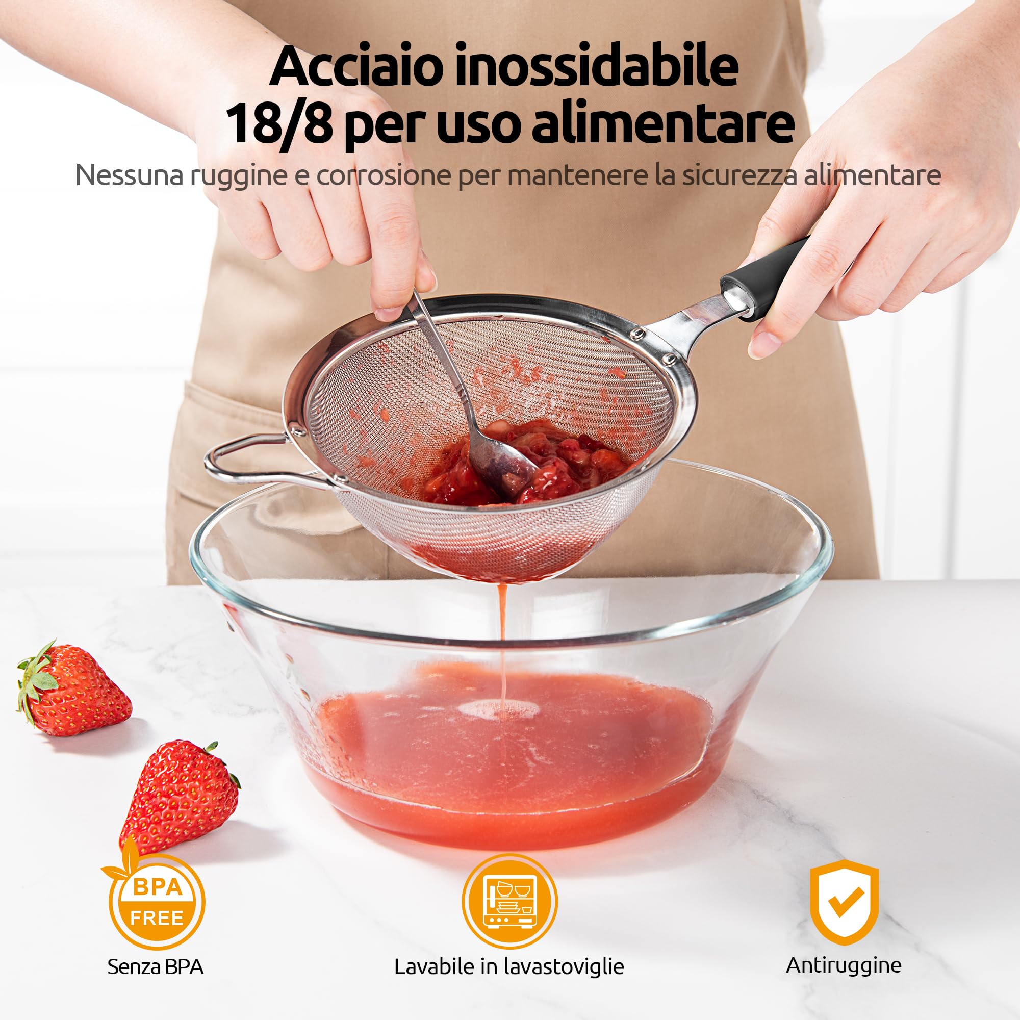 U-Taste Setaccio a Maglia Fine: Colino da Cucina in Acciaio Inossidabile 18/8 da 12 cm con Manico in Silicone Robusto Rivettato per Setacciare la Farina, Filtrare il Tè Riso Quinoa (Nero)