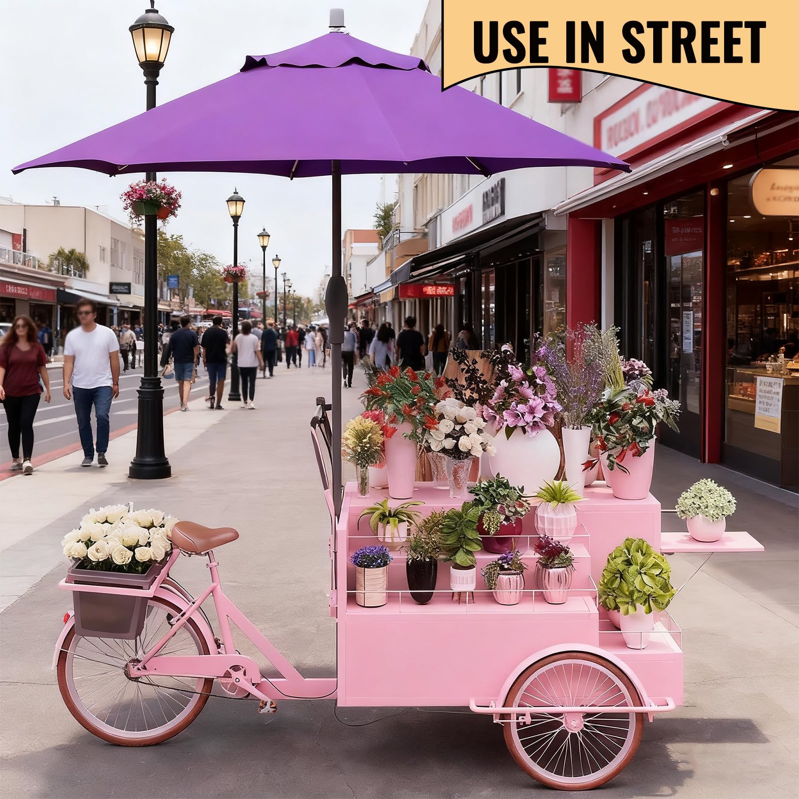 Carrello da Vendita Mobile a Triciclo, Food Truck Mobile a Triciclo per succhi, Carrello per Fiori con ombrelloni spinto a Mano, per la Vendita di Cibo da Strada,C