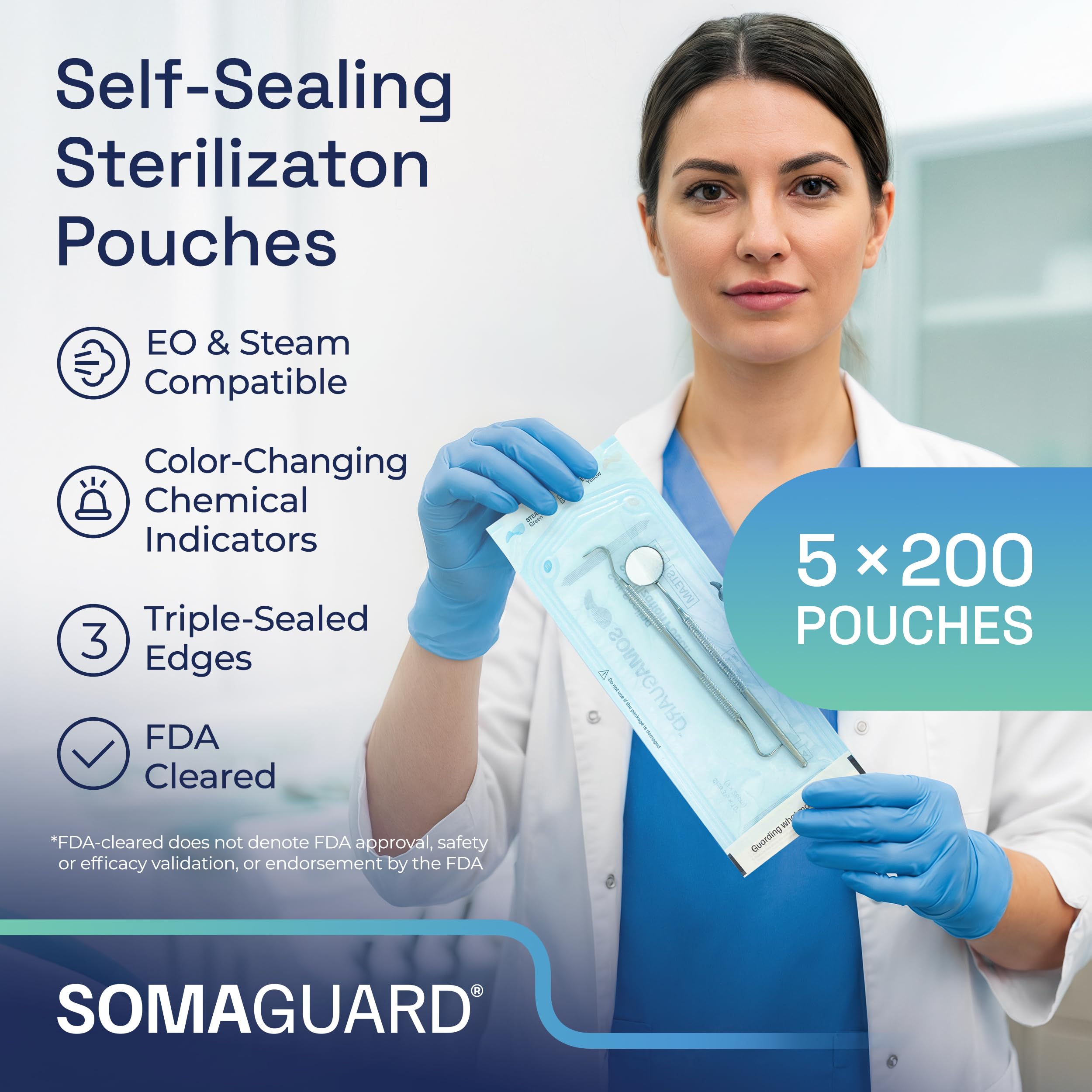 Bolsas de esterilización autosellantes, indicadores de cambio de color de EO y autoclave de vapor, triple sellado, cierre adhesivo, fácil de abrir, sin látex, 7.50 × 14 pulgadas, 5 × 200