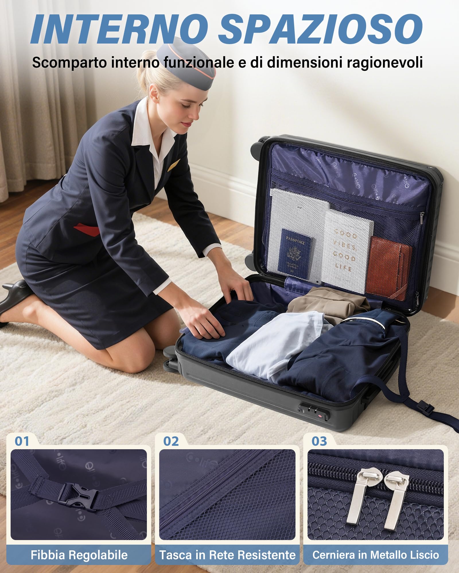 COOLIFE EasyJet Trolley Bagaglio a Mano 55x40x20 e Zaino da Imbarco 20L(40x25x20cm) Set di Valigie, Valigia Bagaglio a Mano, Chiusura a Combinazione Laterale con TSA per Ryanair