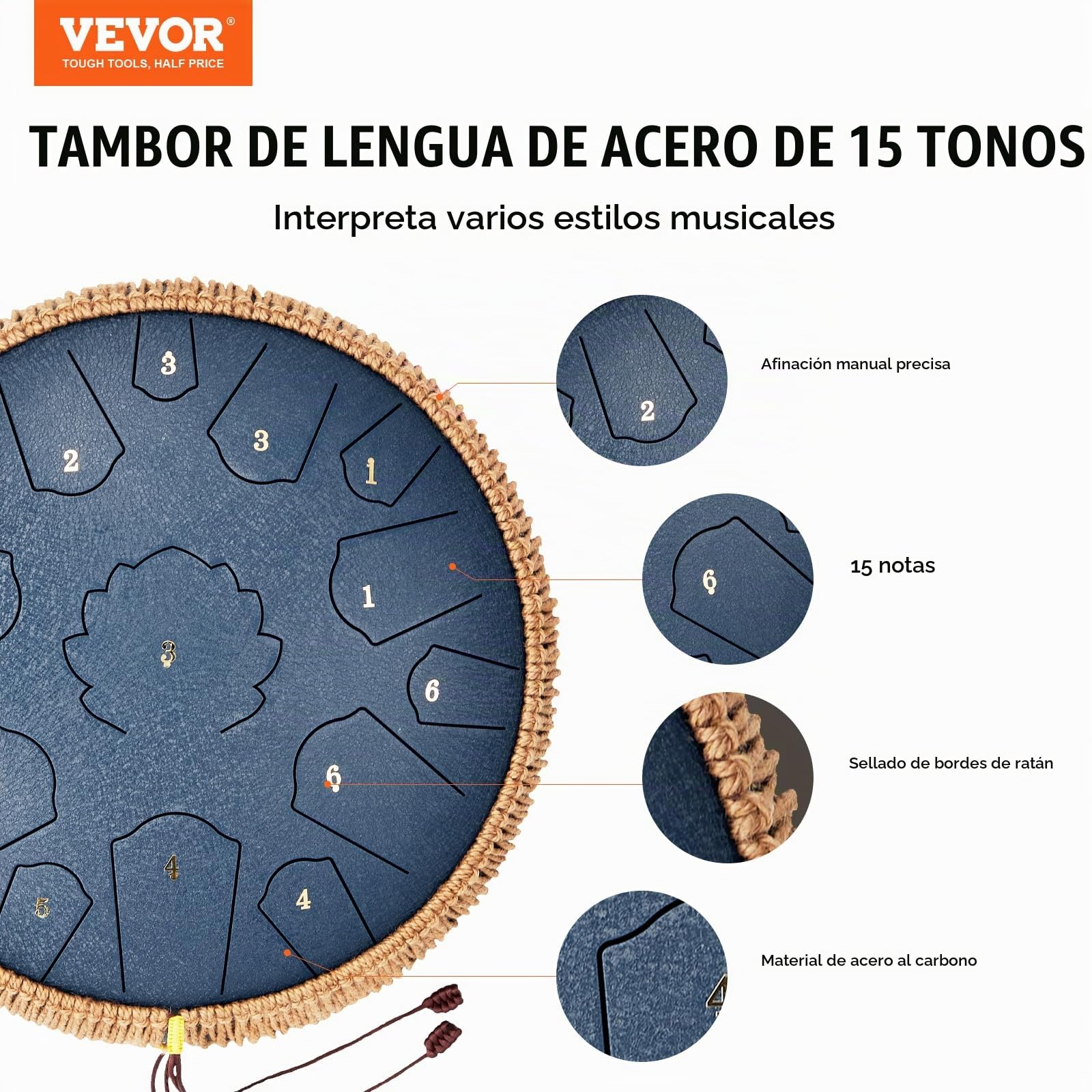 VEVOR Tambor de Lengüeta de Acero 356 mm 15 Notas Tambor de Mano D Mayor Tambor con 2 Mazos y Bolsa de Transporte Instrumento de Percusión de Tambor de Mano para Educación Musical y Yoga, Azul