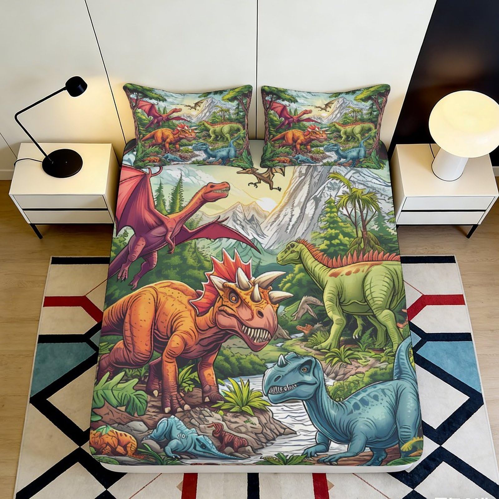 3D Printed Dinosaur Forest Fitted Sheet Microfiber Soft Colorful Prehistoric Bed Cover for Bedroom Dorm Decor Protection 90x200x25cm