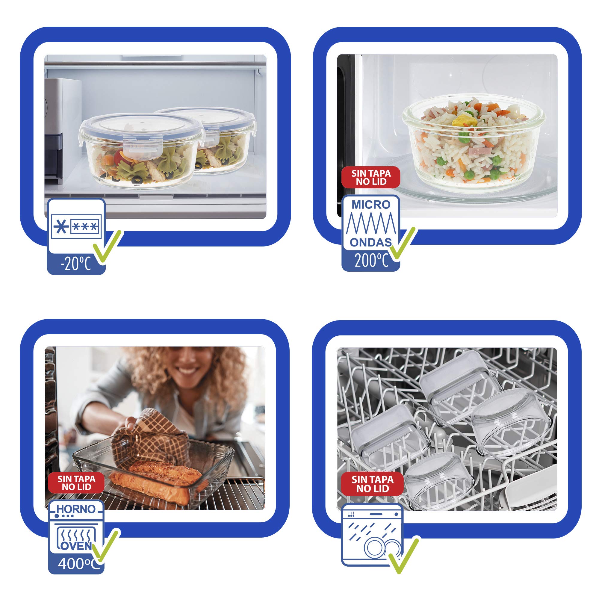 AKTIVE Max Home 8er Pack Luftdichte Glasbehälter 800ml Mikrowellengeeignetes Glas Lebensmittelbehälter mit luftdichtem Verschluss Food Container Runde Form (46)