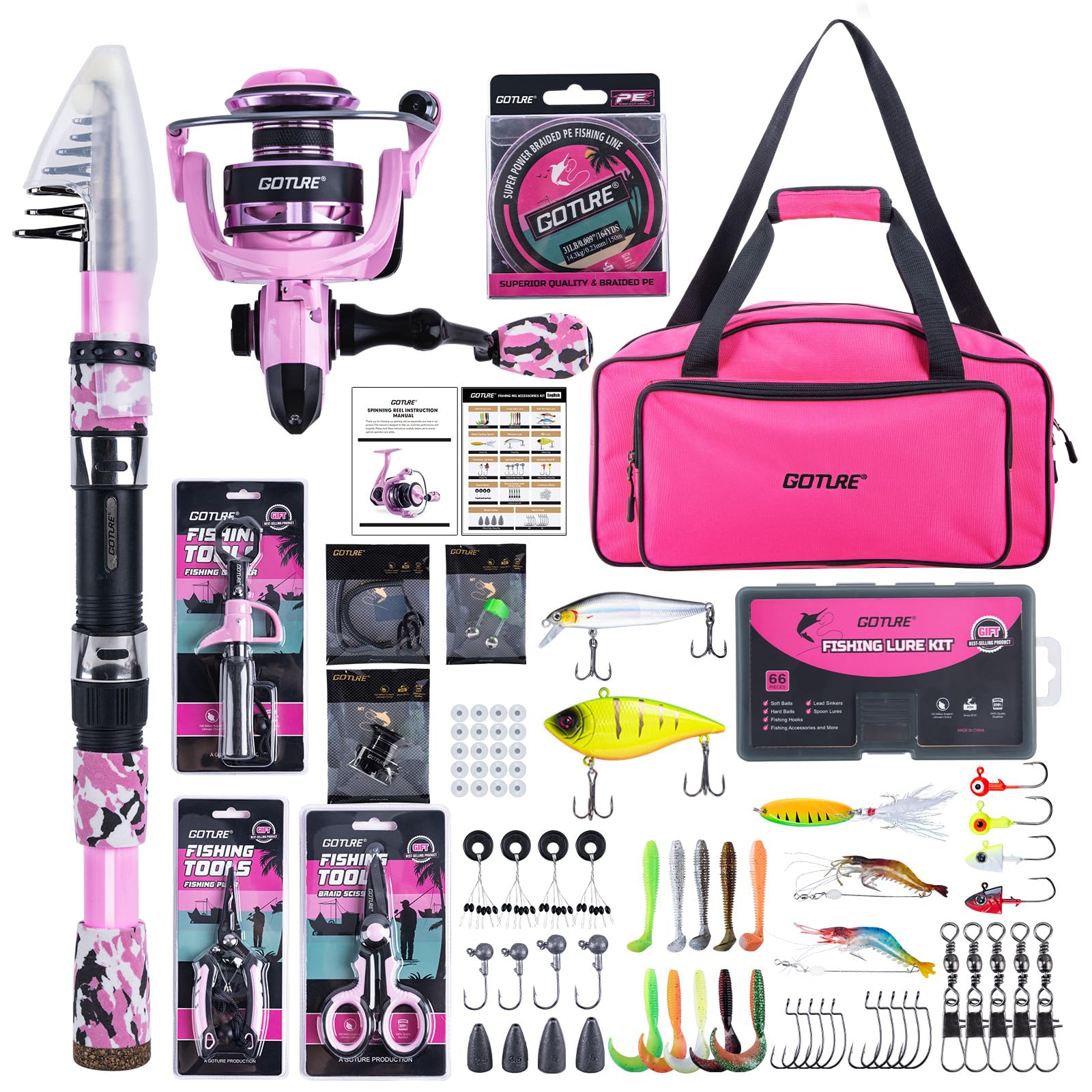 Goture Pink Fishing Rod and Reel Combos with 900D Oxford Bag, Telescopic Pole Spinning Reel Lures Set, Telescopic Fishing Rod Fishing Kit for Travel Saltwater Freshwater 2.7M A