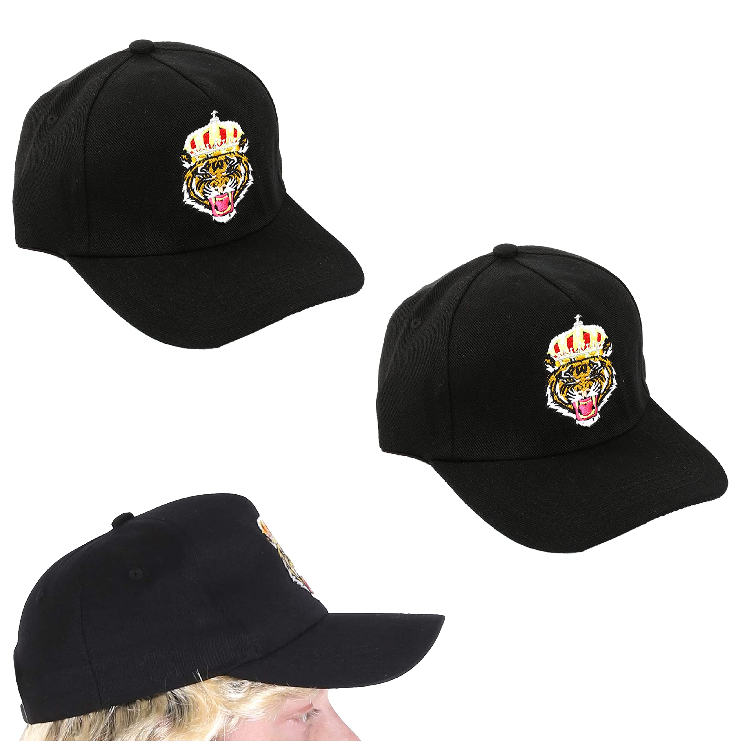 Adults Baseball Cap - Pack of 2 - Black Cap with Tiger Design on the Front - Adults Embroidered Baseball Cap Fancy Dress Accessory