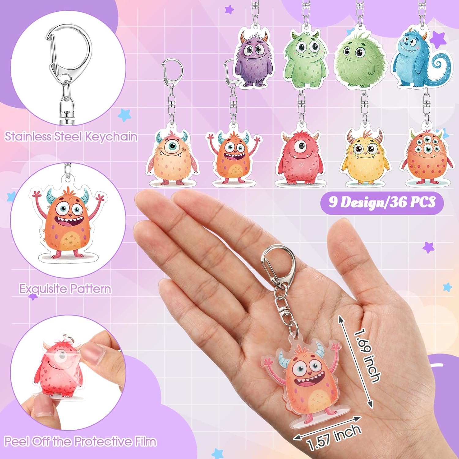 36 Pieces Acrylic Monster Keychains Valentines Mini Keychains Bulk Cartoon Monster Birthday Party Decorations Supplies for Kids Classroom Exchange School Reward Prizes Gifts - Image 2