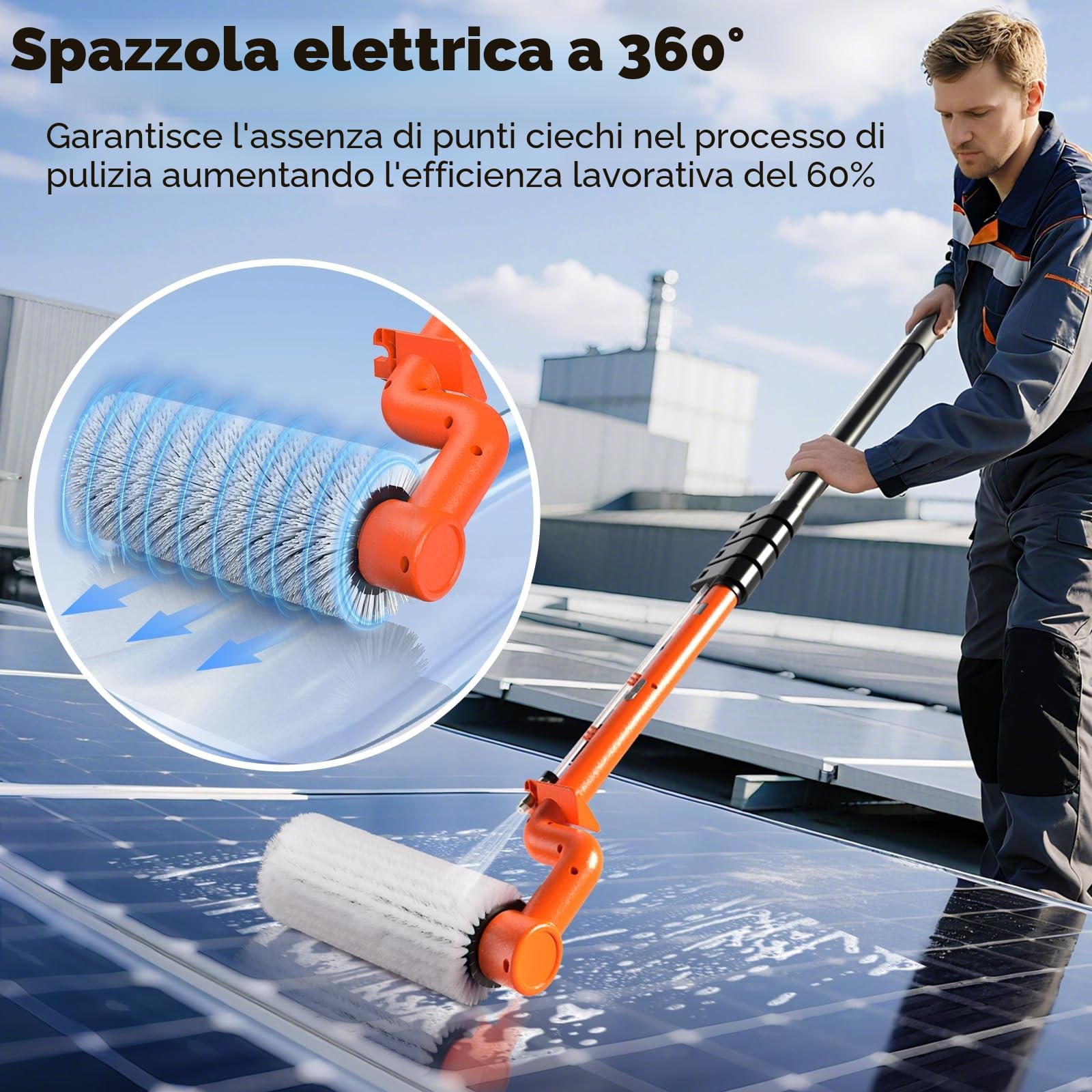 Spazzola elettrica telescopica con manico telescopico, 6,5 m, per la pulizia dell'impianto PV, spazzola per il lavaggio | aste telescopiche estensibili per la pulizia di finestre, tetto della