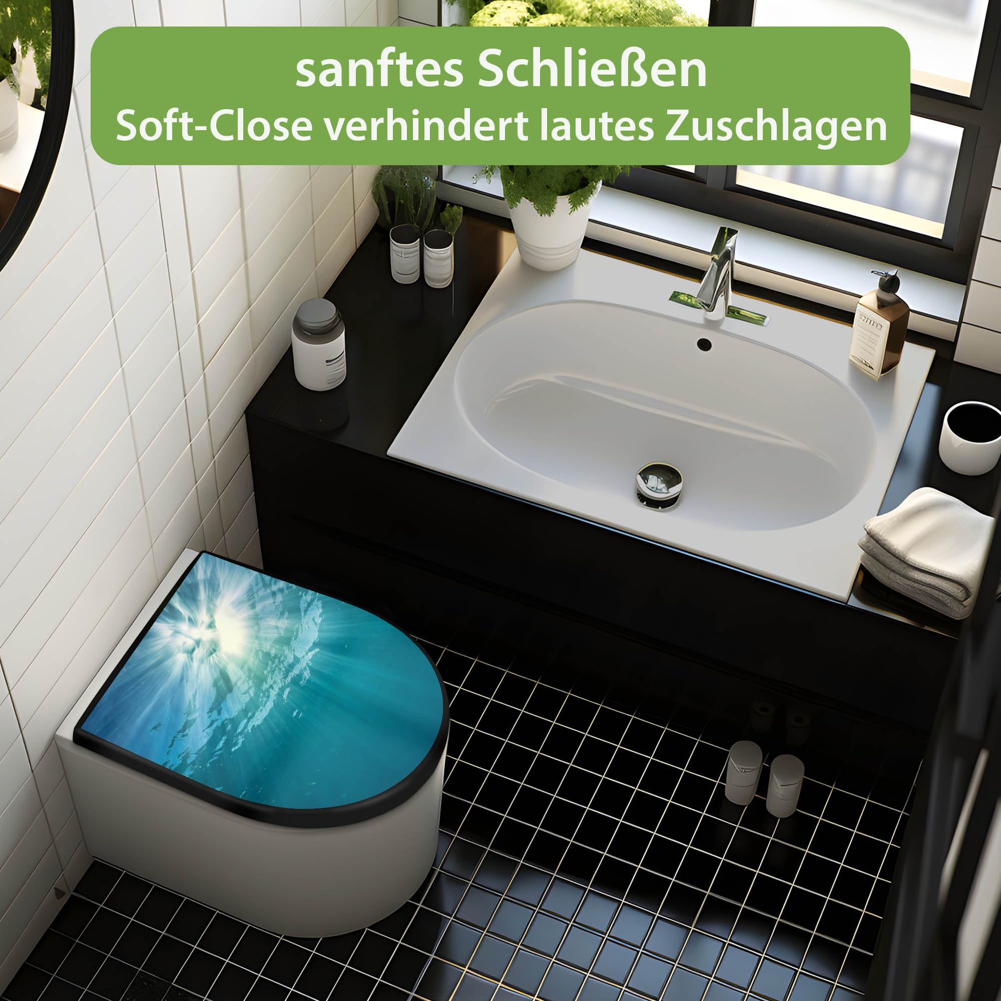 banjado WC Sitz mit Absenkautomatik D Form - Toilettendeckel mit Absenkautomatik D Form - Klodeckel Softclose - stabile Klobrille - Toilettensitz Schwarz - Motiv Unter der Oberfläche