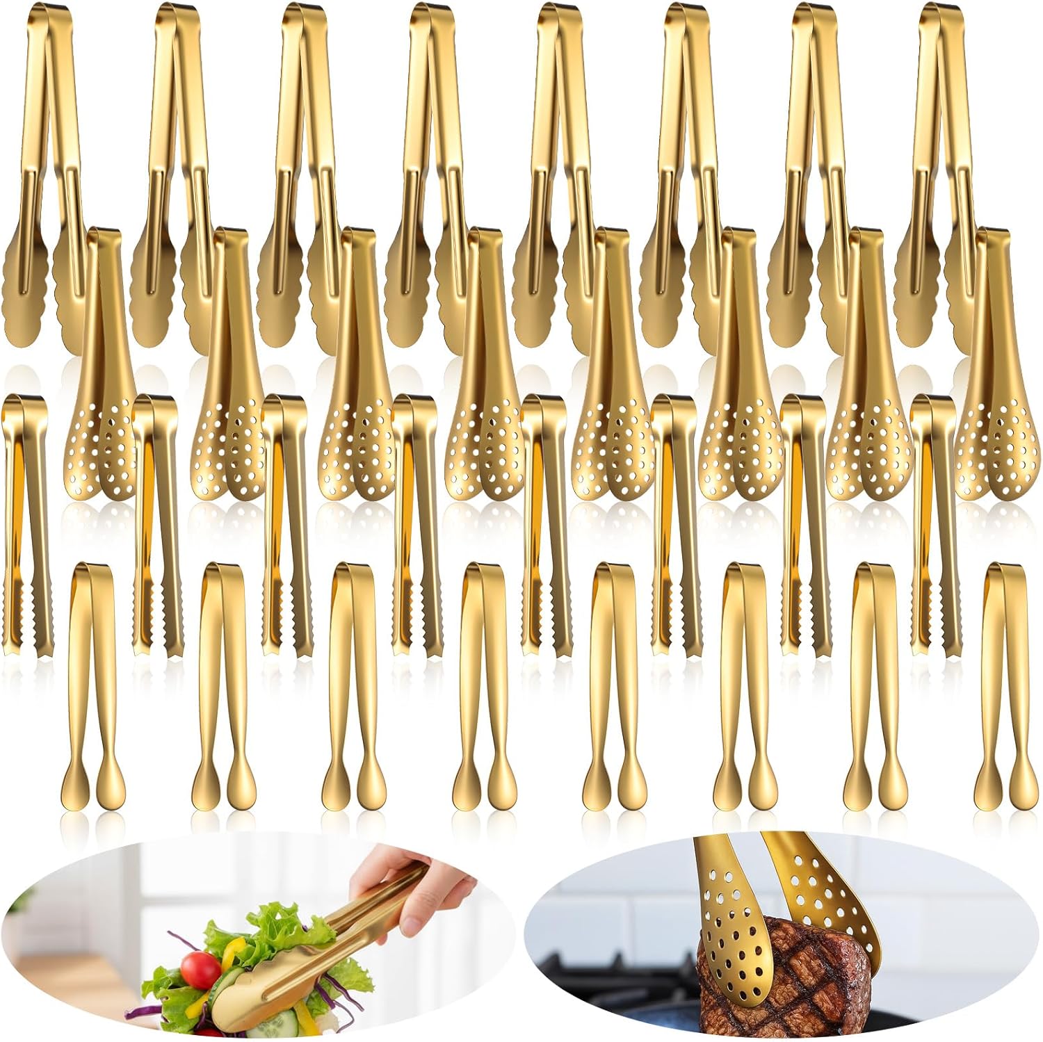 Kifmurase 32PCS Gold Serving Tongs 9 Inch Stainless Steel Gold Salad Buffet Tongs, Multi-Size Kitchen Food Appetizers Tong for Ice, Sugar Cube, Salad, Toaster, Desserts(4 Size)