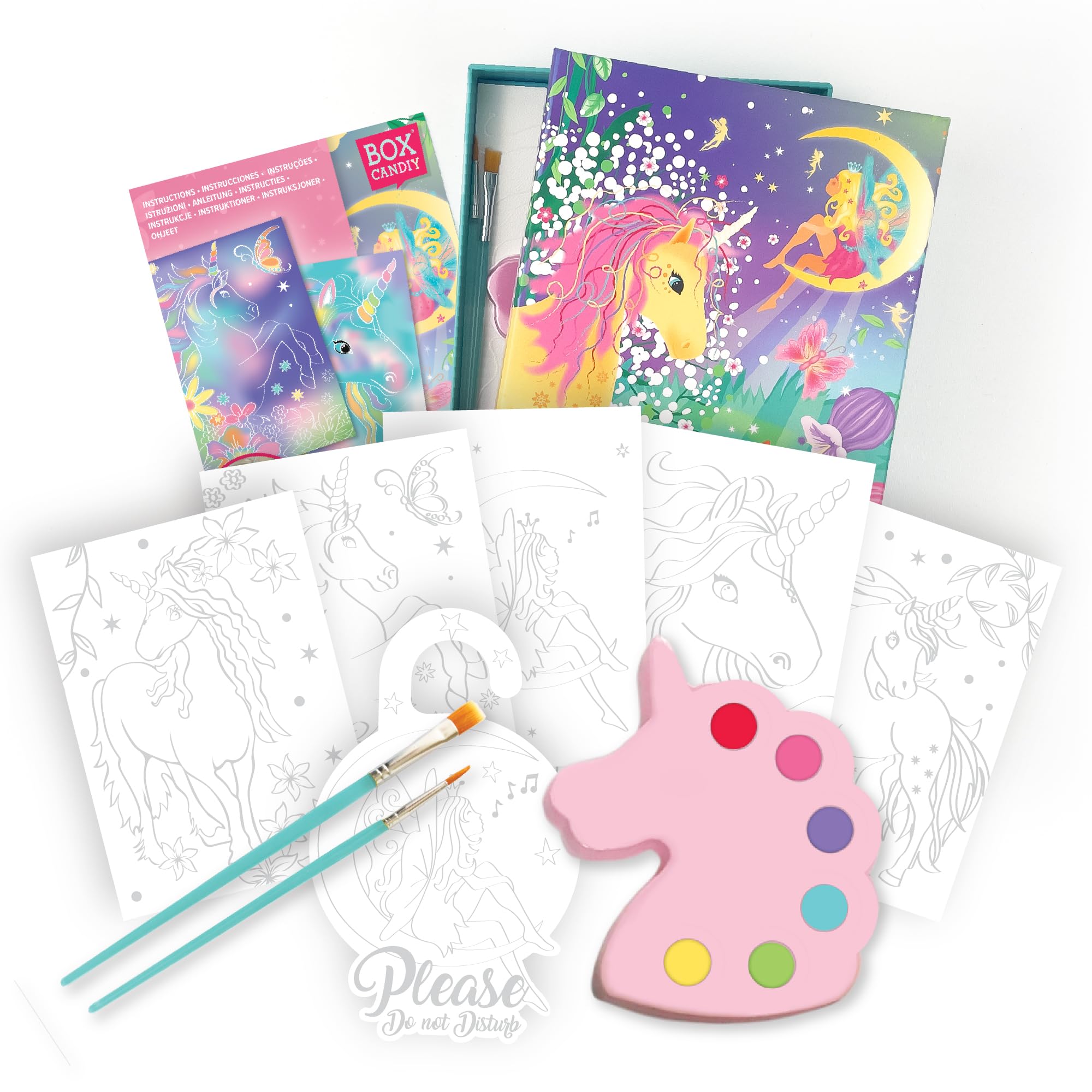 BOX CANDIY Unicorn Watercolour Art Set for Kids I Paint Kit with 5 Art Cards, Door Hanger, Brushes, Paint Palette & Storage Box I Creative Painting Activity. — image 1