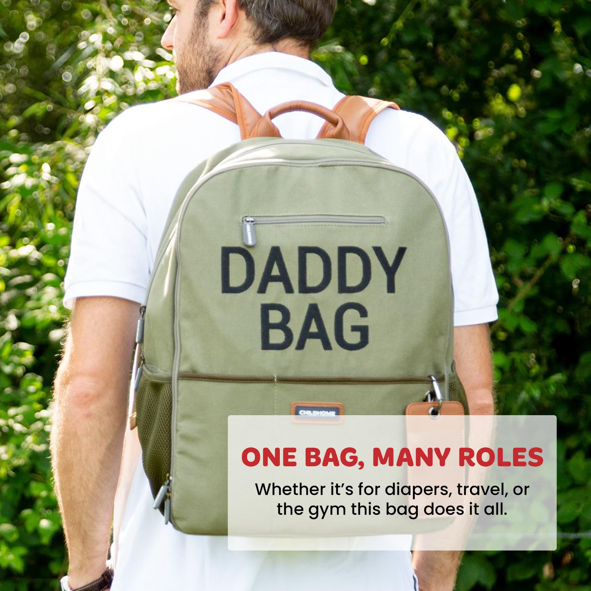 CHILDHOME, plecak na pieluchy, torba podróżna, duża pojemność, funkcjonalny, belgijski design, oddychający tył, składany materac, 35 l, torba dla taty, khaki