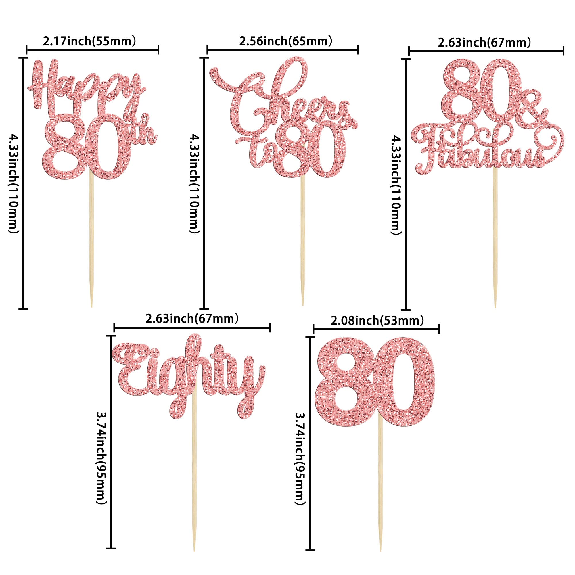 30 Pack Happy 80th Birthday Cupcake Toppers - Rose Gold Glitter Eighty Cheers to 80 Years Old Cupcake Picks for Anniversary Party Cake Decorations